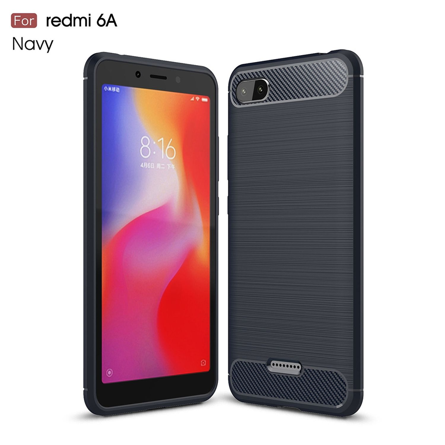 Marineblaue Handyhülle für Redmi 6A mit Telefon darin. Weißer Hintergrund.