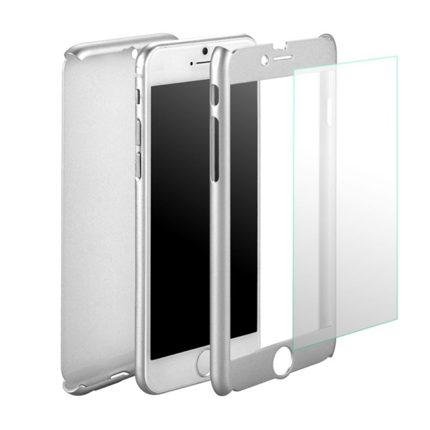 Telefon mit silbernem Rahmen und Displayschutz. Schutzgehäuse-Teile sind getrennt. Weißer Hintergrund.