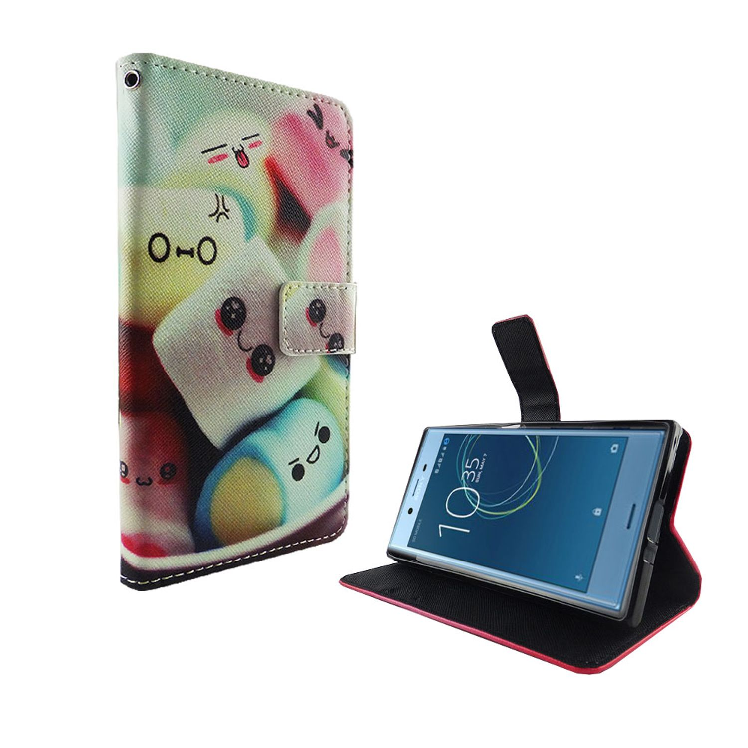 Telefon in einer bunten Hülle mit einem niedlichen Marshmallow-Design. Telefon ist geöffnet, Bildschirm sichtbar.