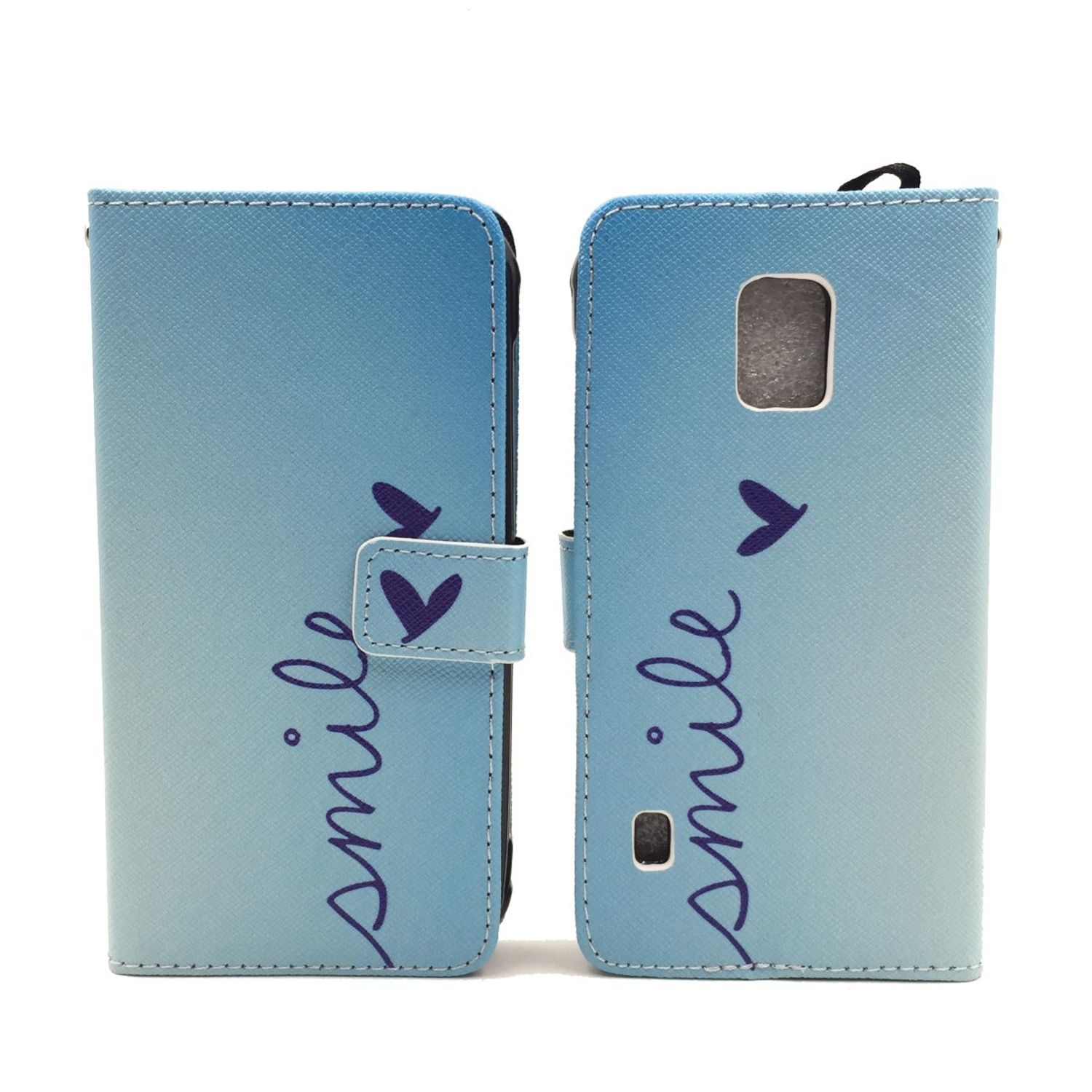Blaues Handyhülle mit Farbverlauf, 'smile' Schriftzug und Herzen. Geöffnete Hülle zeigt das Telefon.
