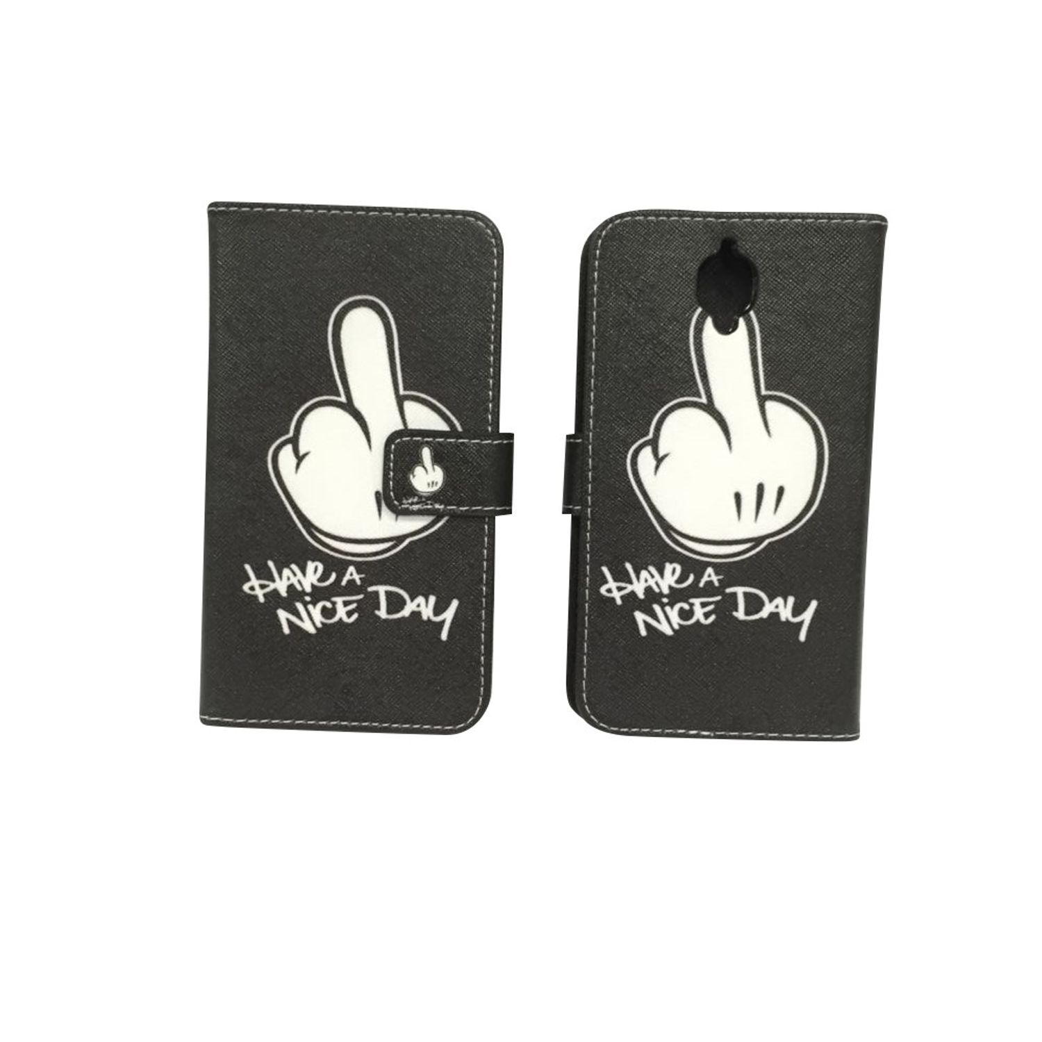 Schwarze Handyhülle mit weißem Handgestendesign und Text: 'Have a nice day'.
