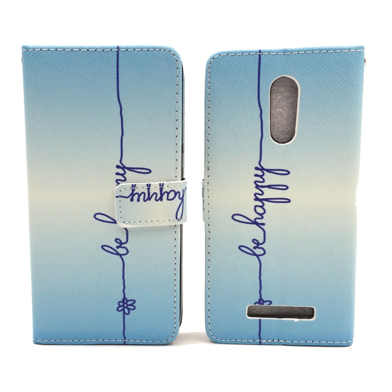 Eine hellblaue Handyhülle mit den Worten 'be happy' in Schreibschrift. Die Hülle ist offen, und das Telefon ist nicht sichtbar.