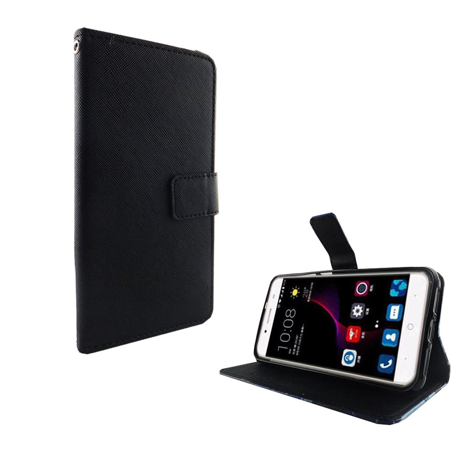 Schwarze Handyhülle, geschlossen und geöffnet mit Telefon. Anzeige zeigt App-Symbole, Uhrzeit. Weißer Hintergrund.