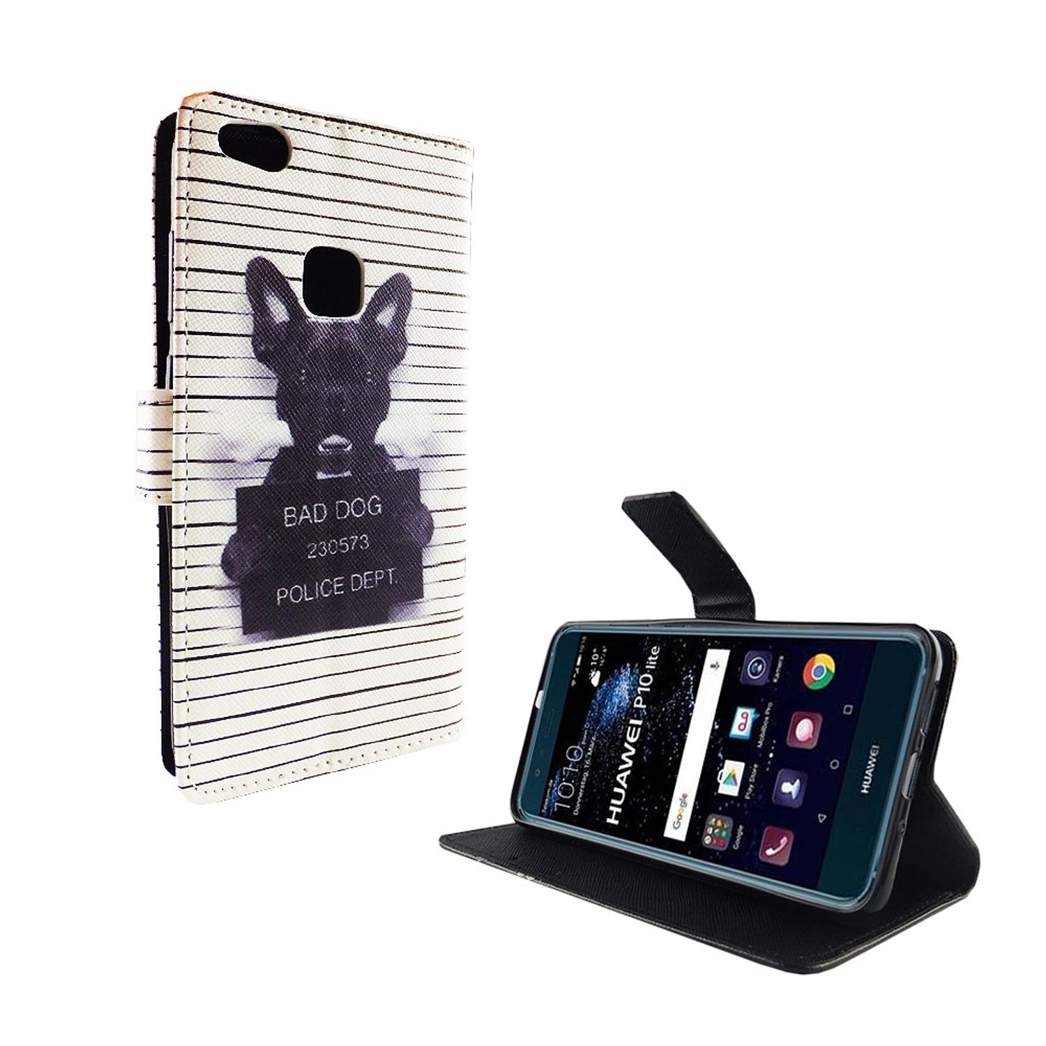 Handyhülle mit einem Hundefoto-Design. Ein Telefon befindet sich im Inneren und zeigt die Uhrzeit an. Weißer Hintergrund.