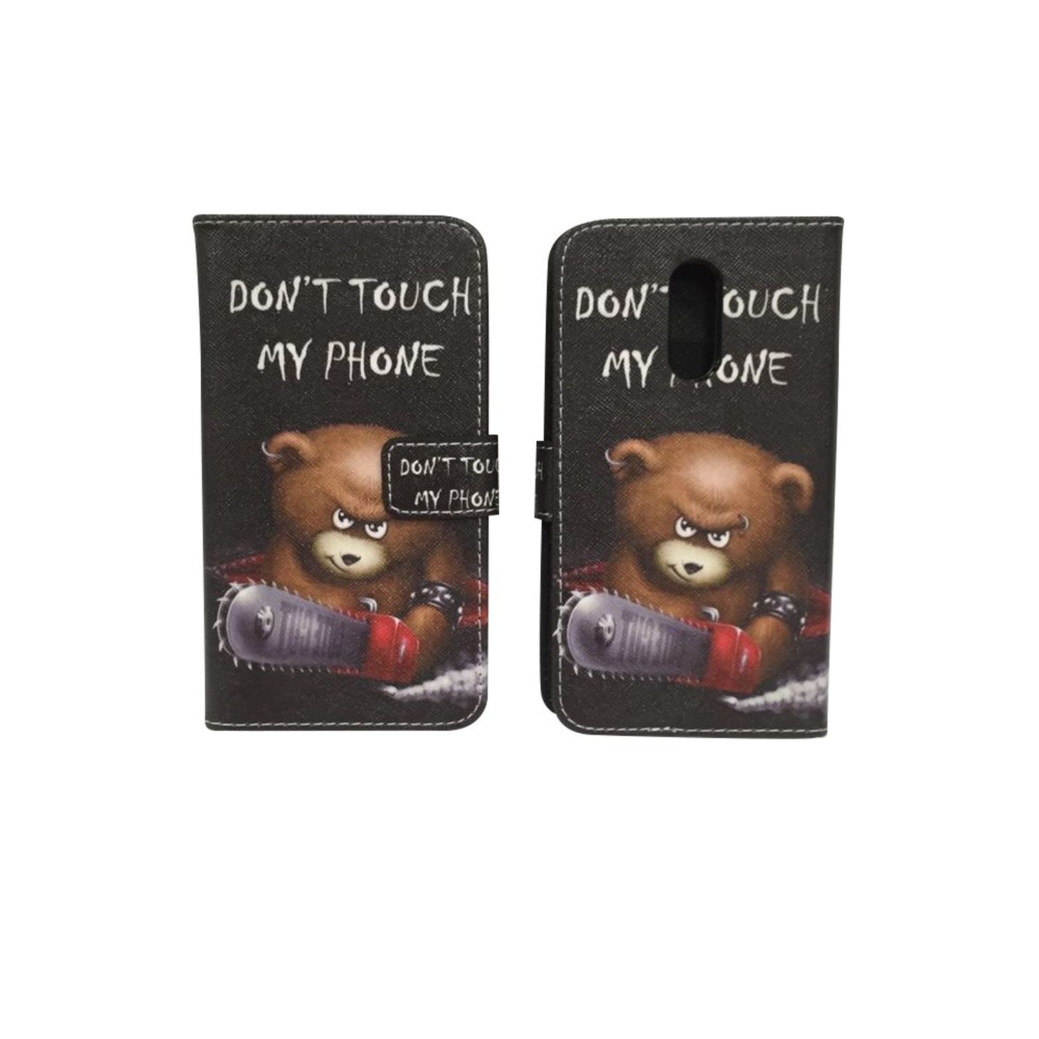 Zwei schwarze Handyhüllen mit Teddybären, die Kettensägen halten, und dem Text 'DON'T TOUCH MY PHONE'.