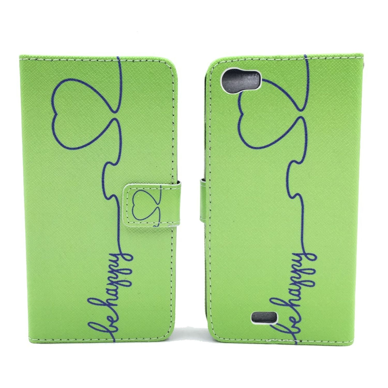 Zwei grüne Handyhüllen. Jede hat ein stilisiertes Herzdesign mit dem kursiven Schriftzug „be happy“.