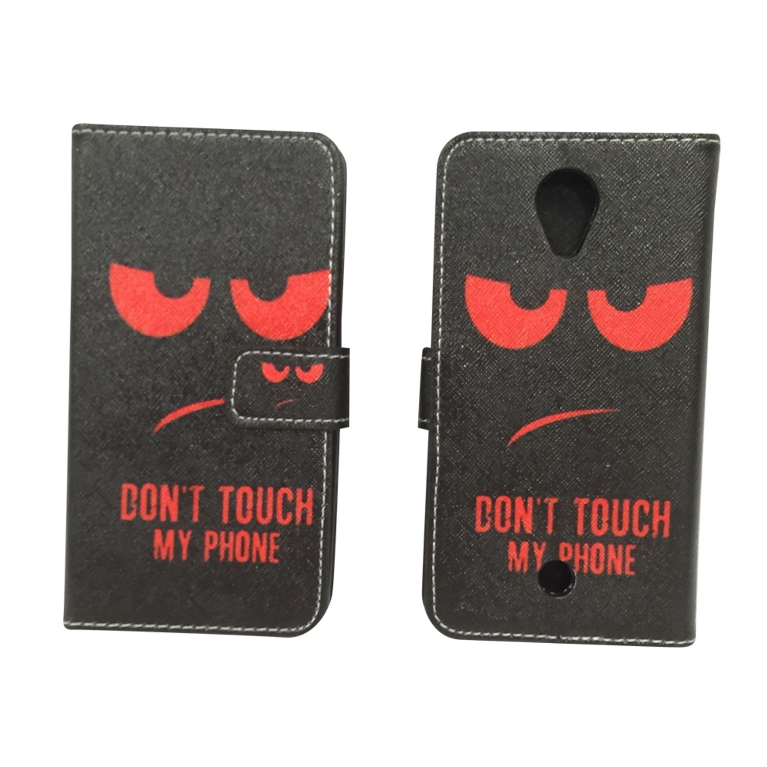 Geöffnete Handyhülle mit wütendem Gesicht. Text: „DON’T TOUCH MY PHONE.“ Telefon ist drin, schwarz.