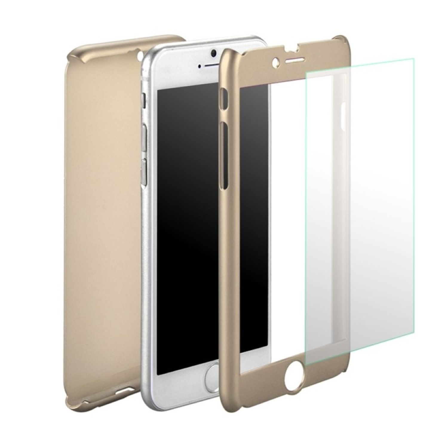 Goldene Handyhüllen-Teile, Telefon und Displayschutz auf weißem Grund.