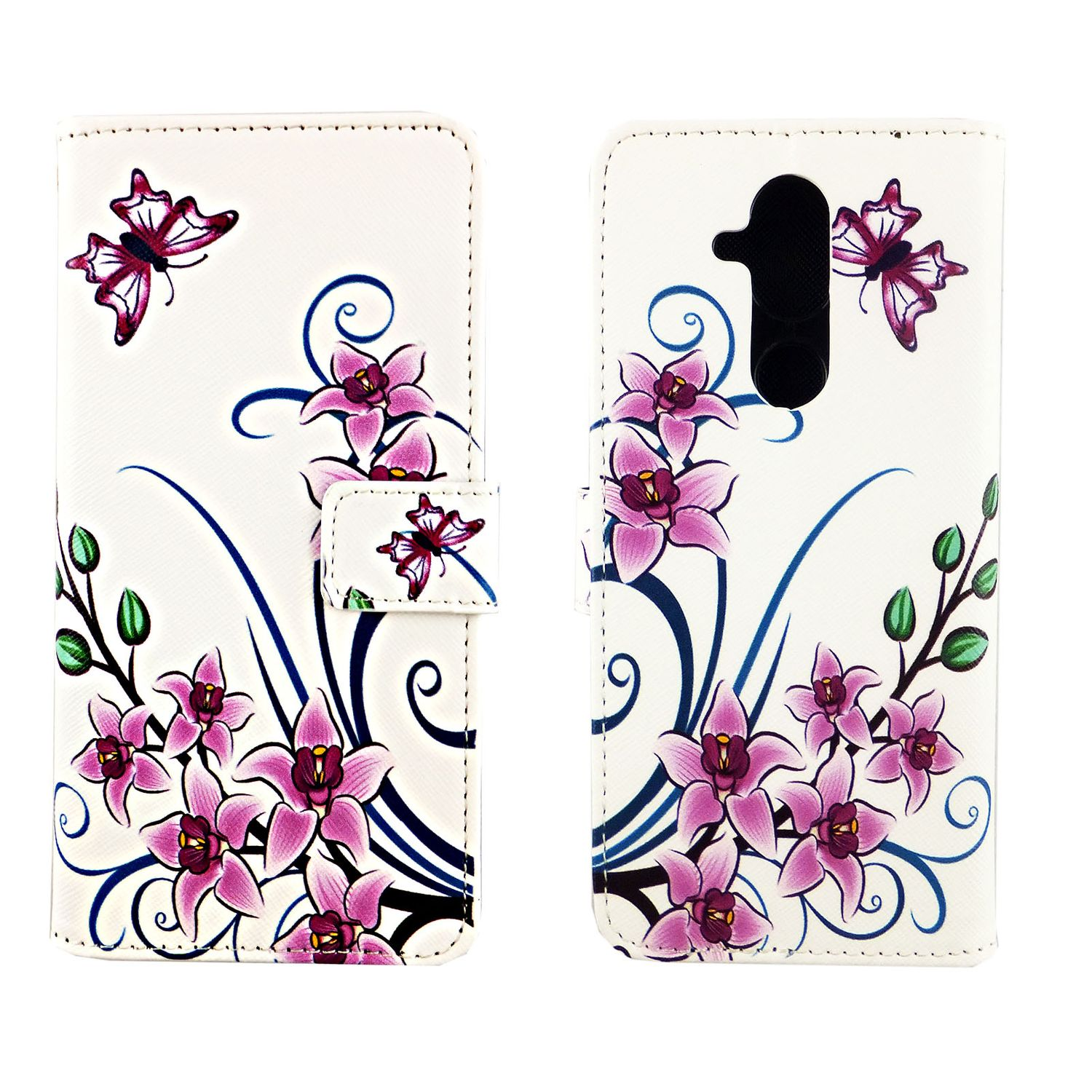 Weiße Handyhülle mit rosa Blumen und Schmetterlingen. Geöffnete Hülle zeigt Telefon.
