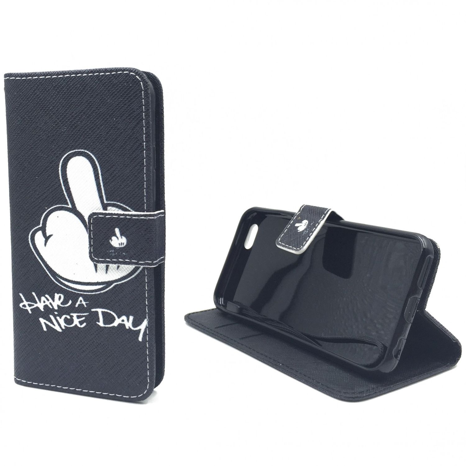 Schwarze Handyhülle mit Mittelfinger-Grafik und dem Text "Have a nice day" in Weiß. Telefon im Inneren.