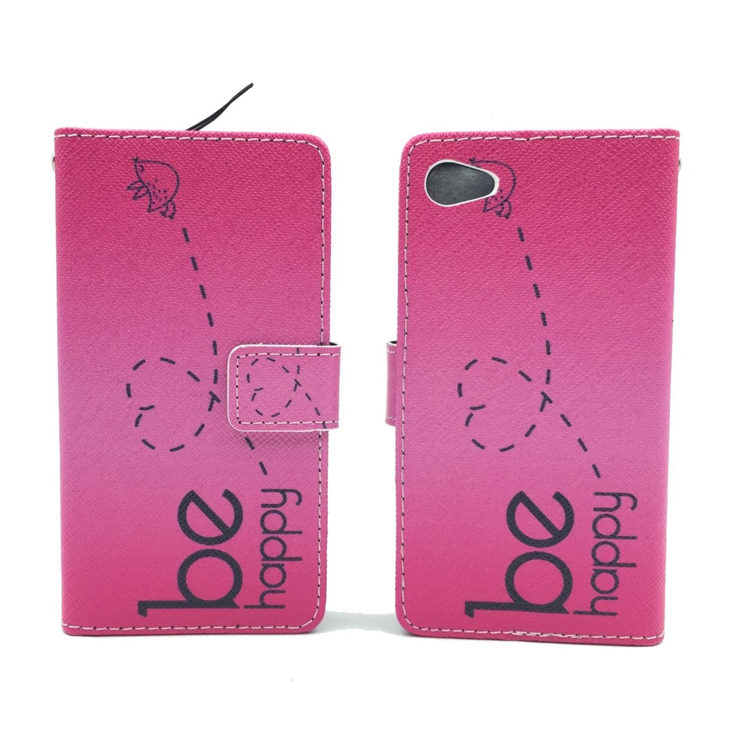 Pinke Handyhülle mit dem Text 'be happy'. Die Hülle ist zweiteilig.