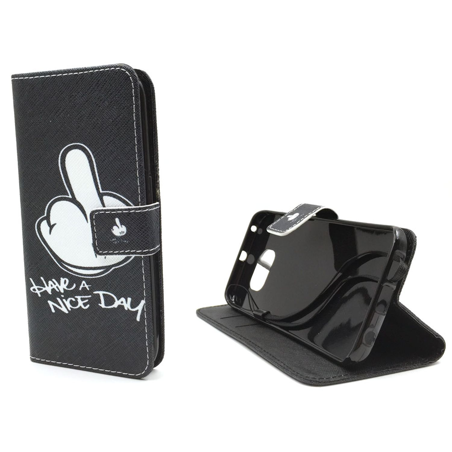Schwarze Handyhülle mit Fingergeste und Text „Have a nice day“. Telefon darin, weißer Hintergrund.