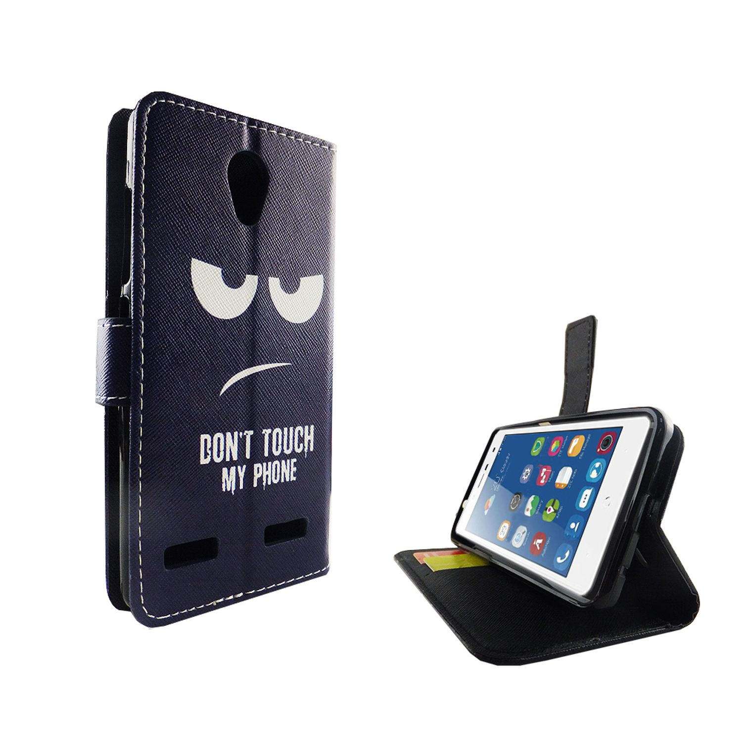 Eine Handyhülle mit einem grimmigen Gesicht und dem Text „DON'T TOUCH MY PHONE“.