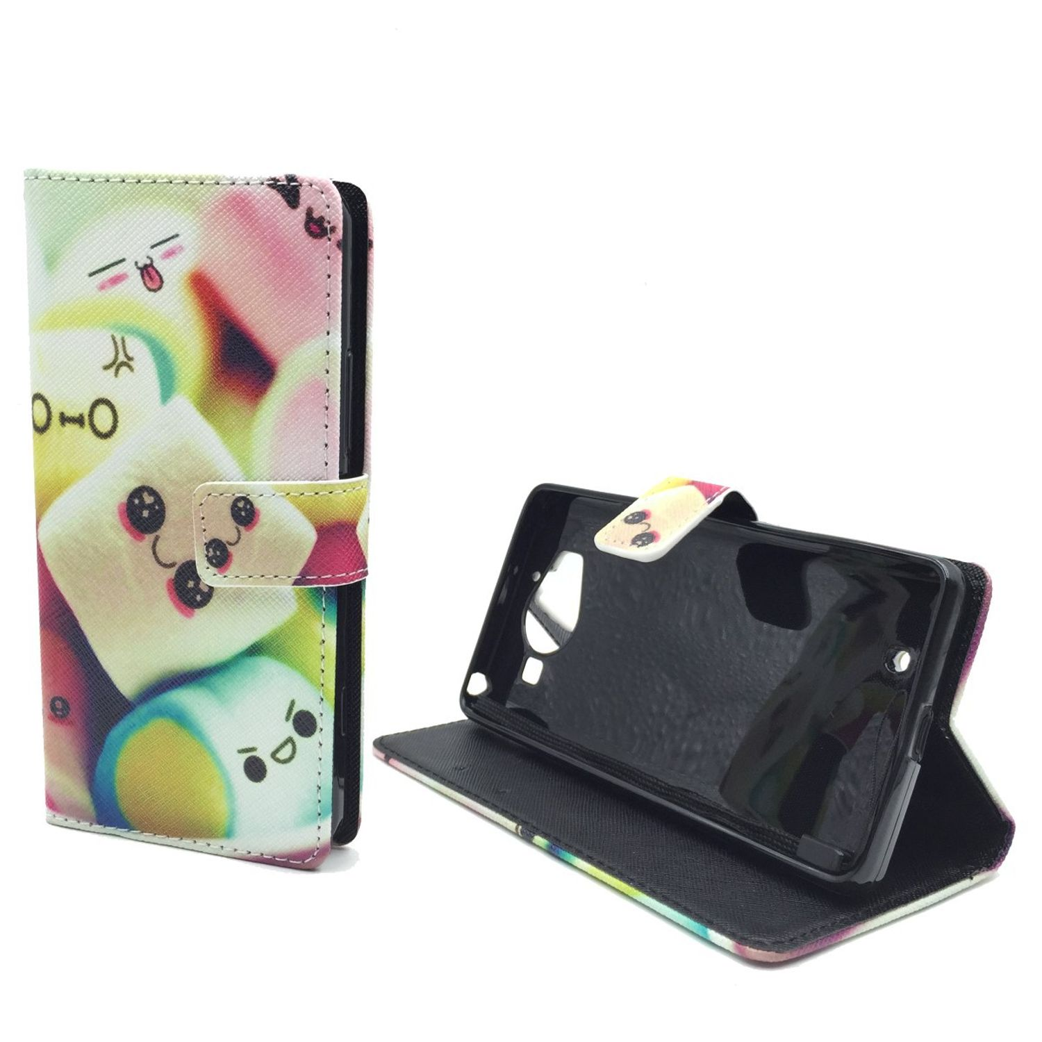 Handyhülle mit Cartoon-Marshmallows mit Gesichtern. Geöffnete Hülle mit Telefon. Weißer Hintergrund.
