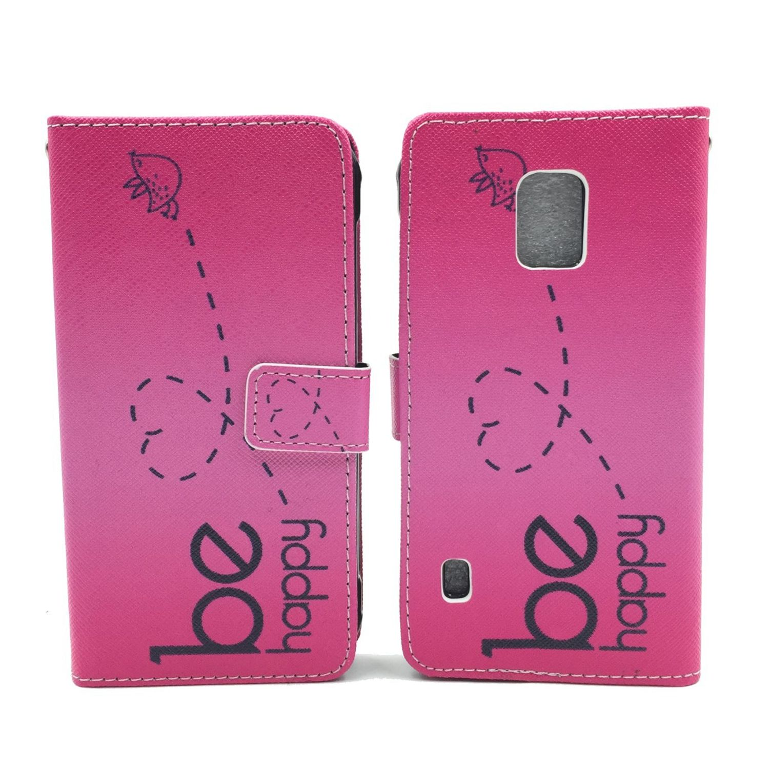 Eine rosa Handyhülle mit Cartoon-Design und dem Text "be happy". Die Hülle ist geöffnet.