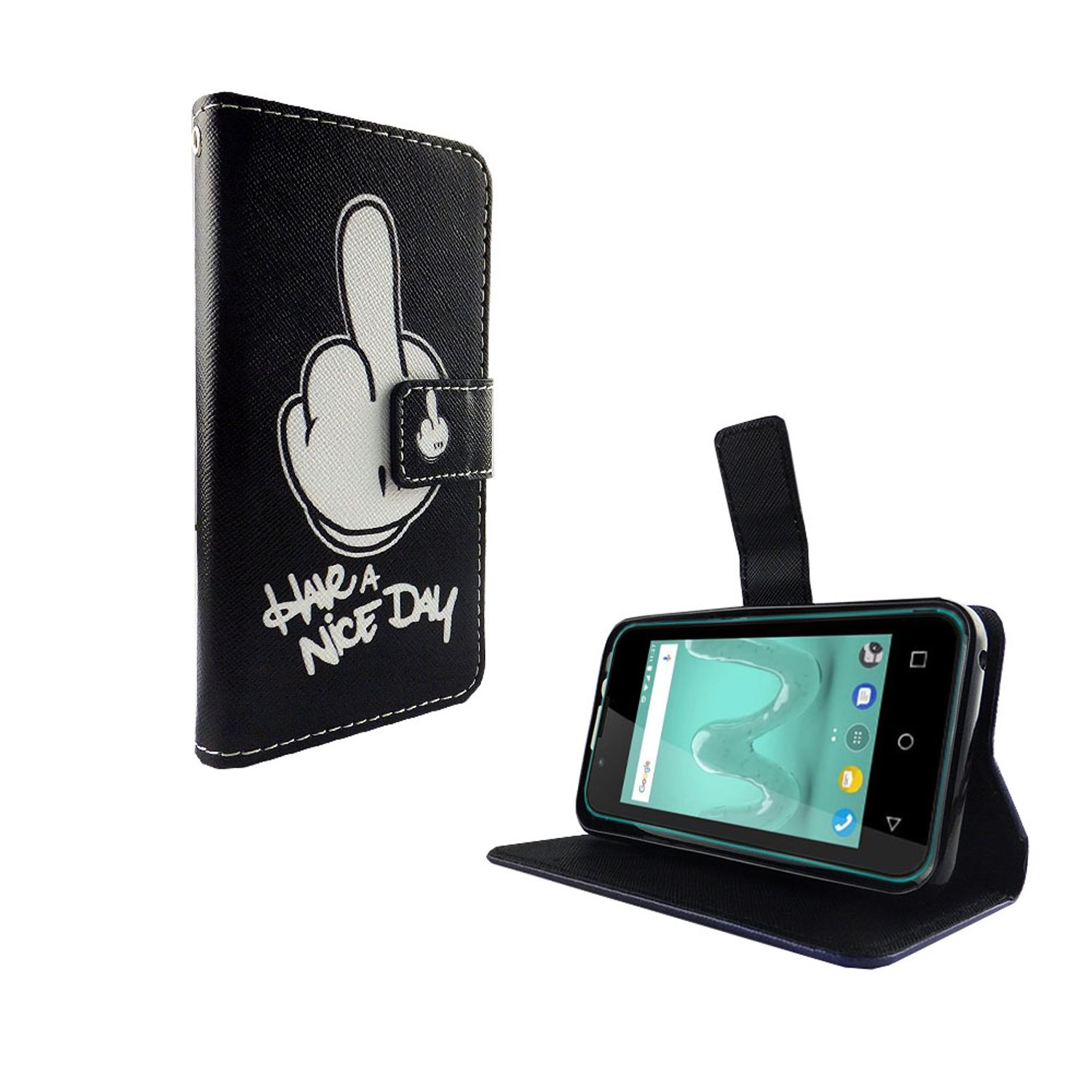 Schwarze Handyhülle mit weißer Handgeste und 'Have a nice day'-Text.