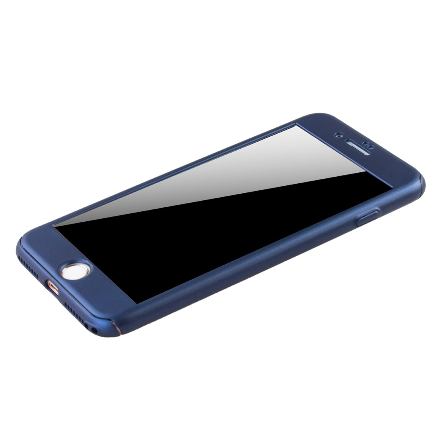 Eine blaue Handyhülle auf weißem Untergrund, mit sichtbarem Telefonbildschirm.