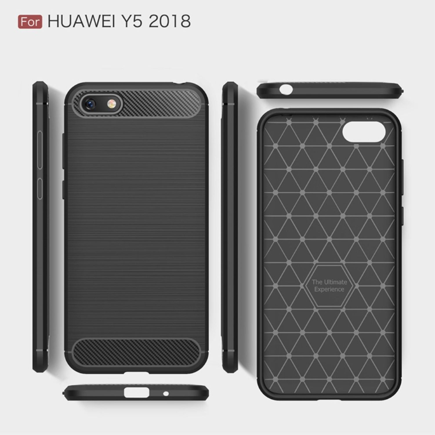 Handyhülle mit mehreren Ansichten. Schwarz mit Carbonfaser-Textur. Text sagt 'For HUAWEI Y5 2018'.