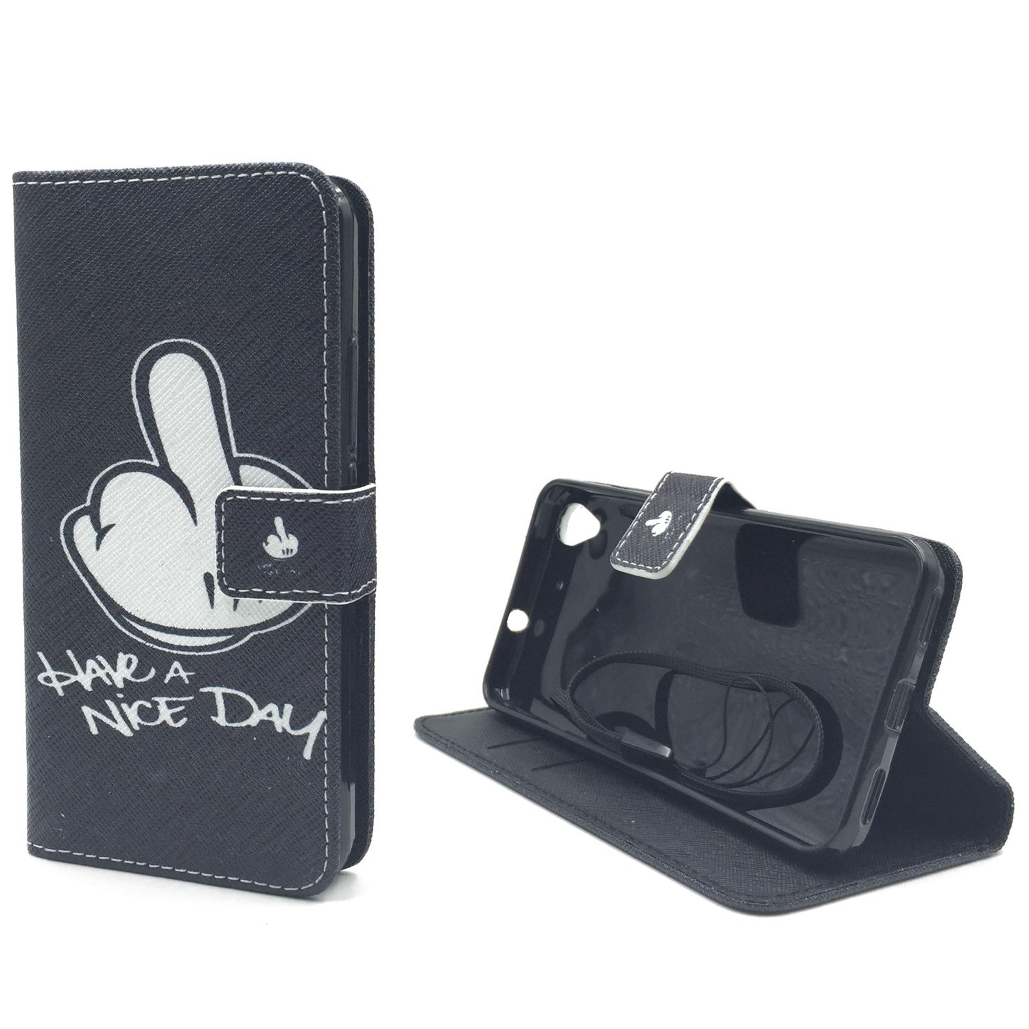 Schwarze Handyhülle mit Mittelfinger-Design und "Have a nice day". Das Telefon ist offen drin.