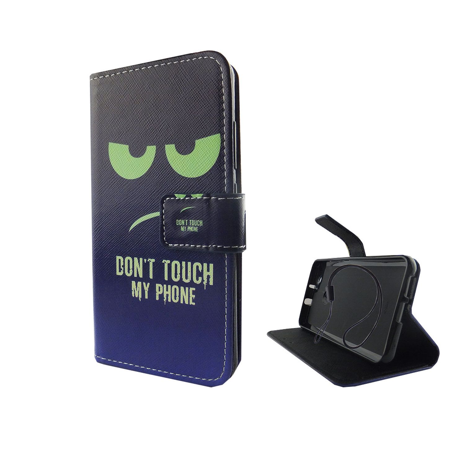 Blaues Handycase mit wütendem Gesicht und Text "DON'T TOUCH MY PHONE". Telefon innen.