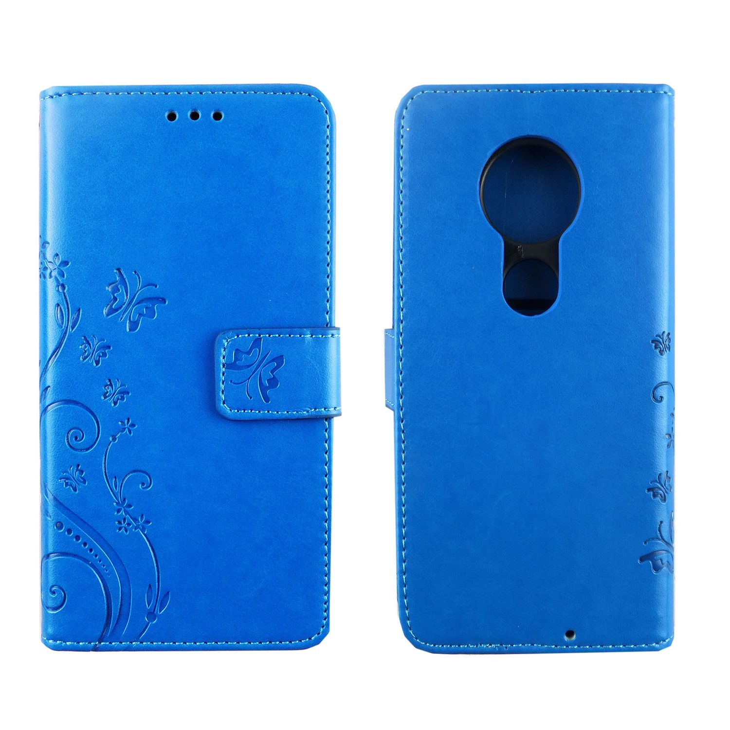 Blaue Handyhülle mit floralem Design und einem Telefon darin. Geöffnete Hülle.