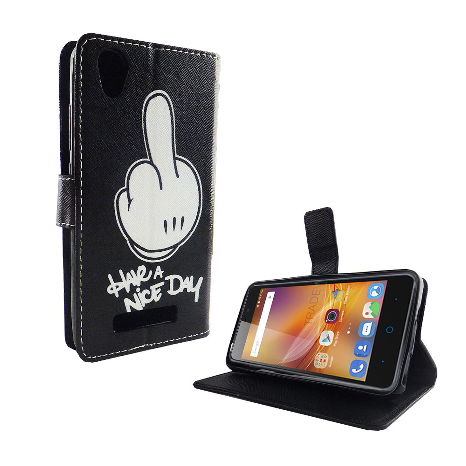 Schwarze Handyhülle mit Mittelfingerzeichnung. Das Telefon befindet sich im Gehäuse. Der Text lautet „Have a nice day“.