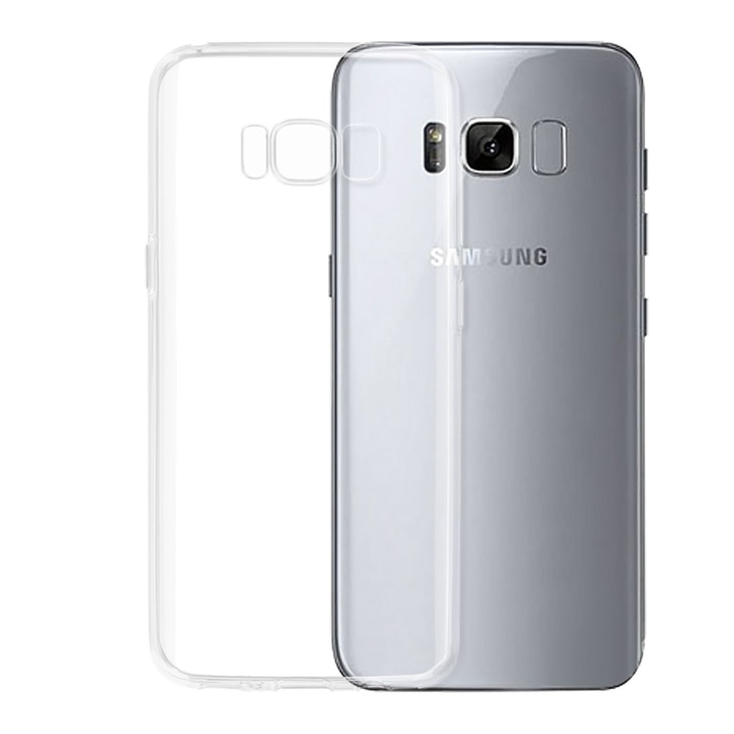 Eine transparente Handyhülle neben einem silbernen Samsung-Handy. Die Hülle ist leer.