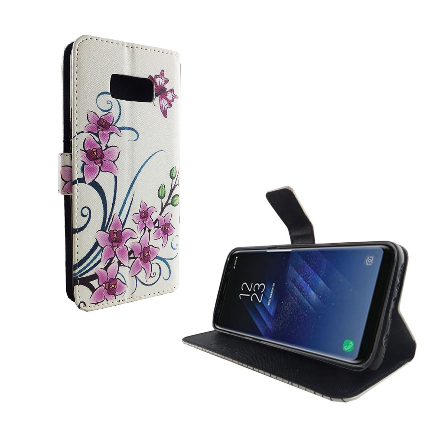 Telefon in einer floralen Hülle und das Telefon offen auf einem Ständer. Weißer Hintergrund.