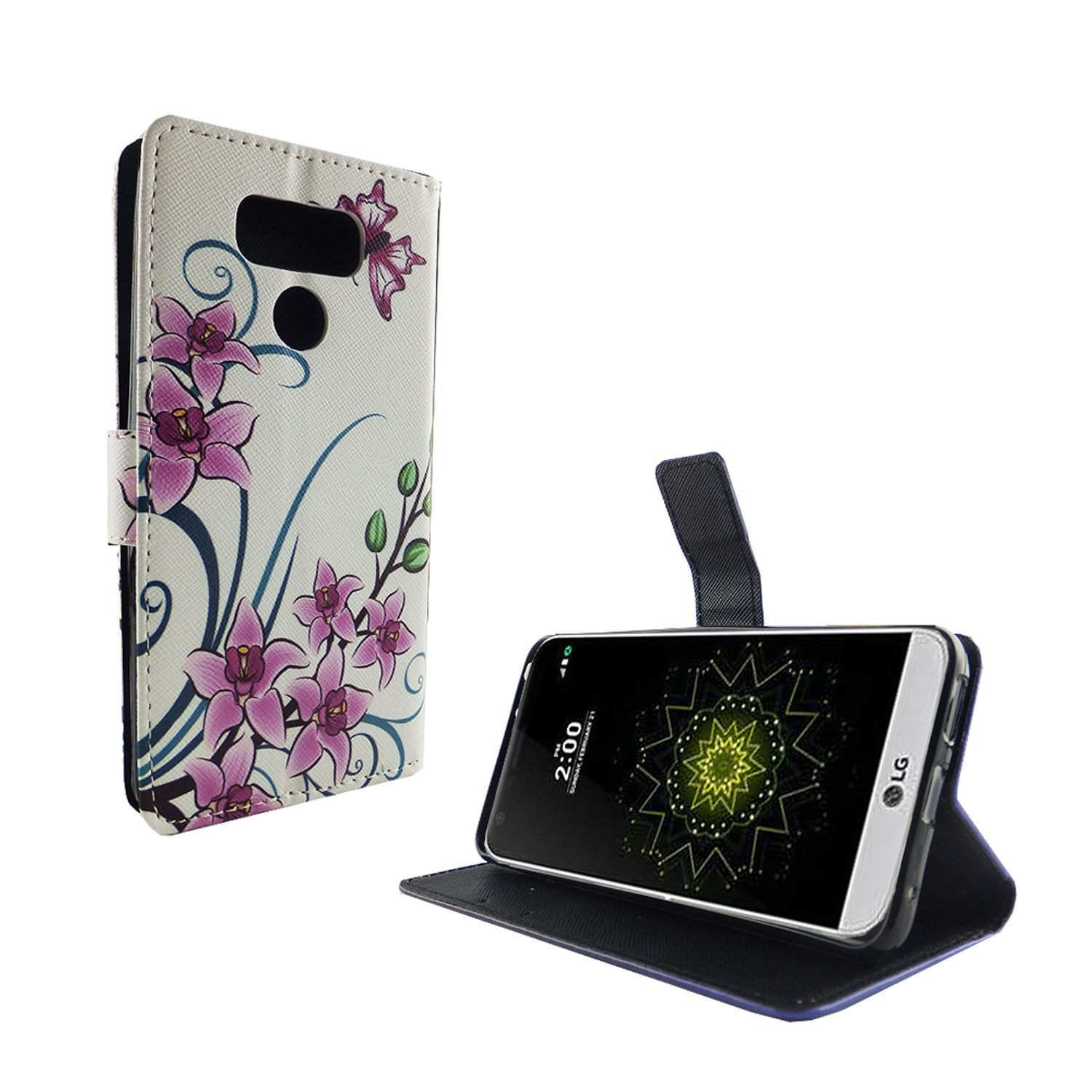 Weiße und florale Handyhülle, geöffnet, mit Telefon, das eine bunte Oberfläche zeigt. Die Hülle ist weiß.