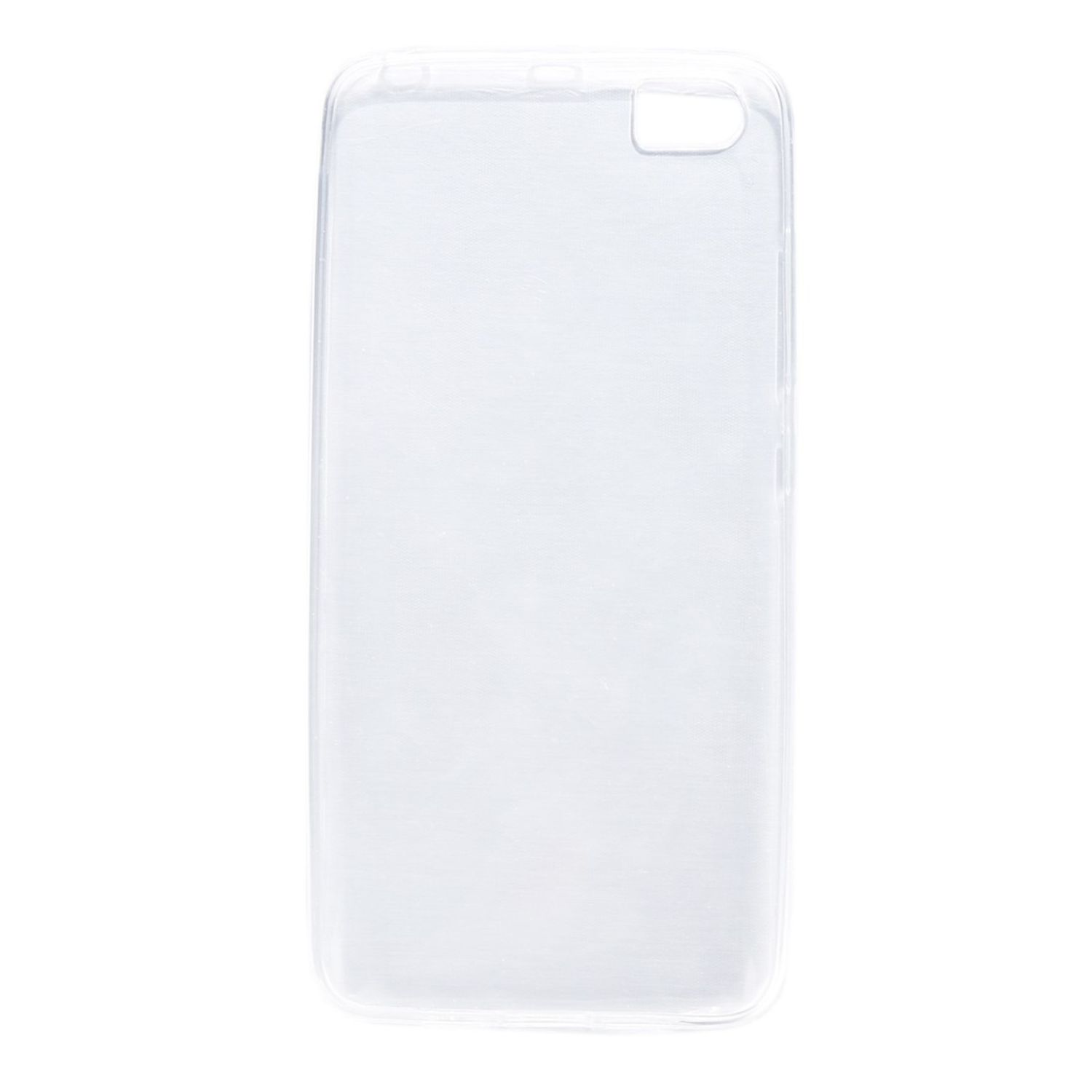 Transparente Handyhülle. Transparentes Plastik mit Kamera- und Knopfausschnitten. Weißer Hintergrund.