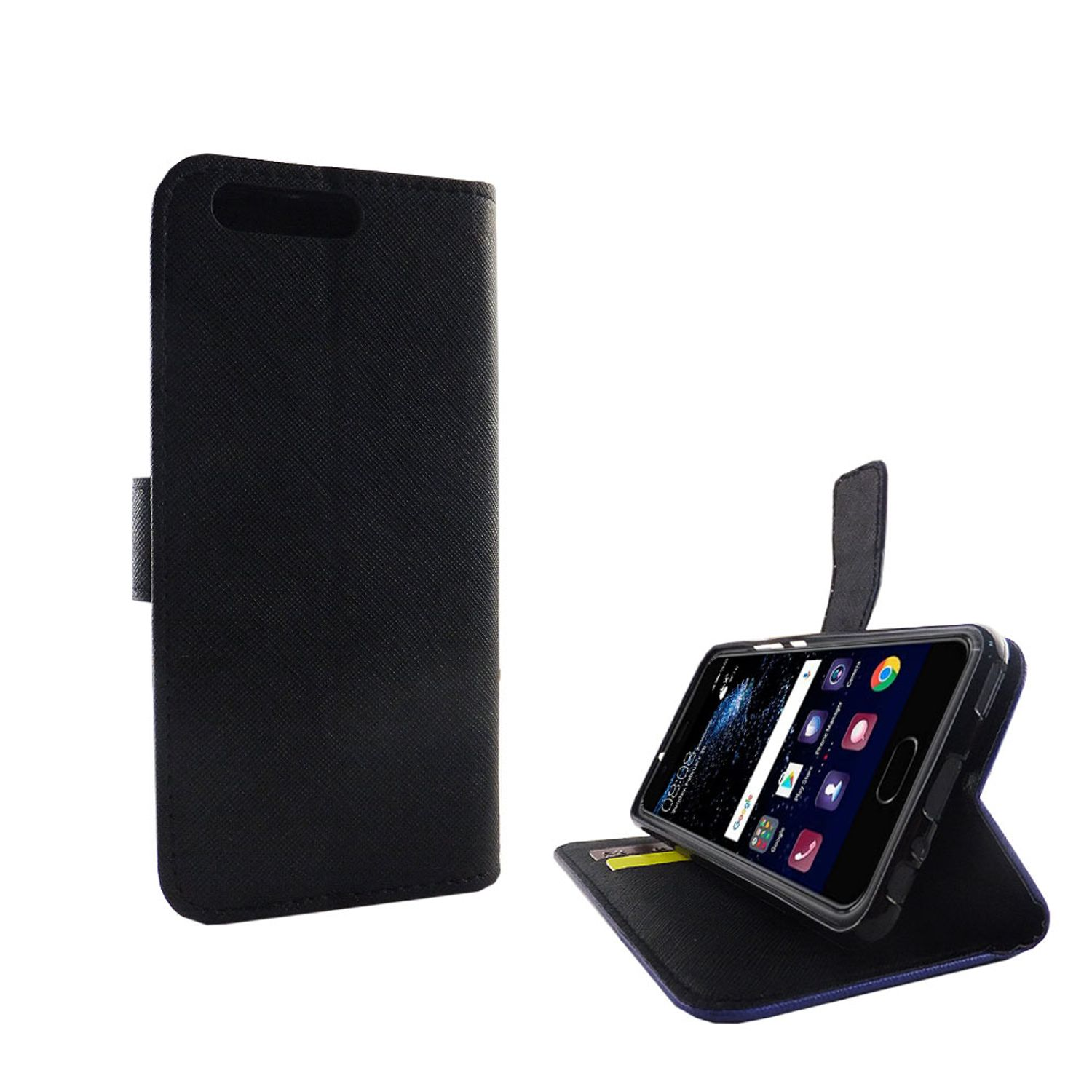 Schwarze Handyhülle, geöffnet mit einem Telefon auf dem Display, mit Text auf dem Bildschirm.