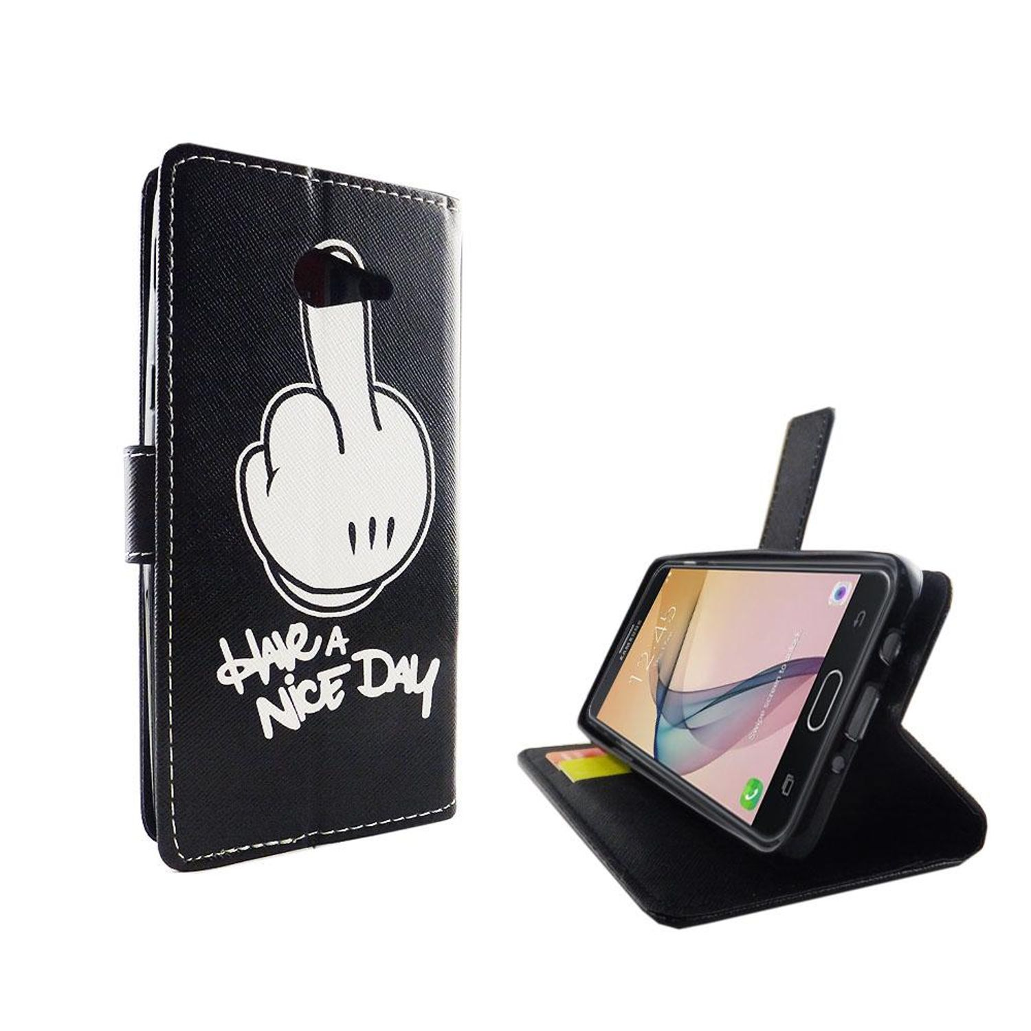 Schwarze Handyhülle mit einer weißen Hand, die den Mittelfinger zeigt, und dem Text 'Have a nice day'.