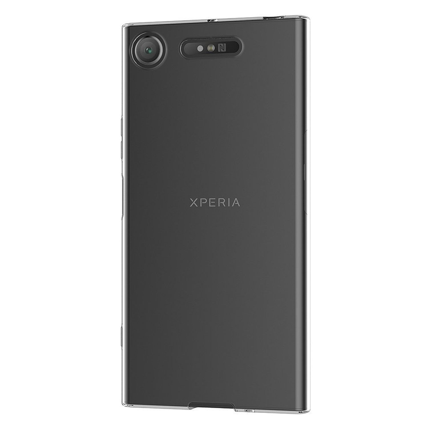 Schwarzes Telefon mit 'XPERIA'-Text auf der Rückseite. Die Kamera befindet sich oben links. Weißer Hintergrund.