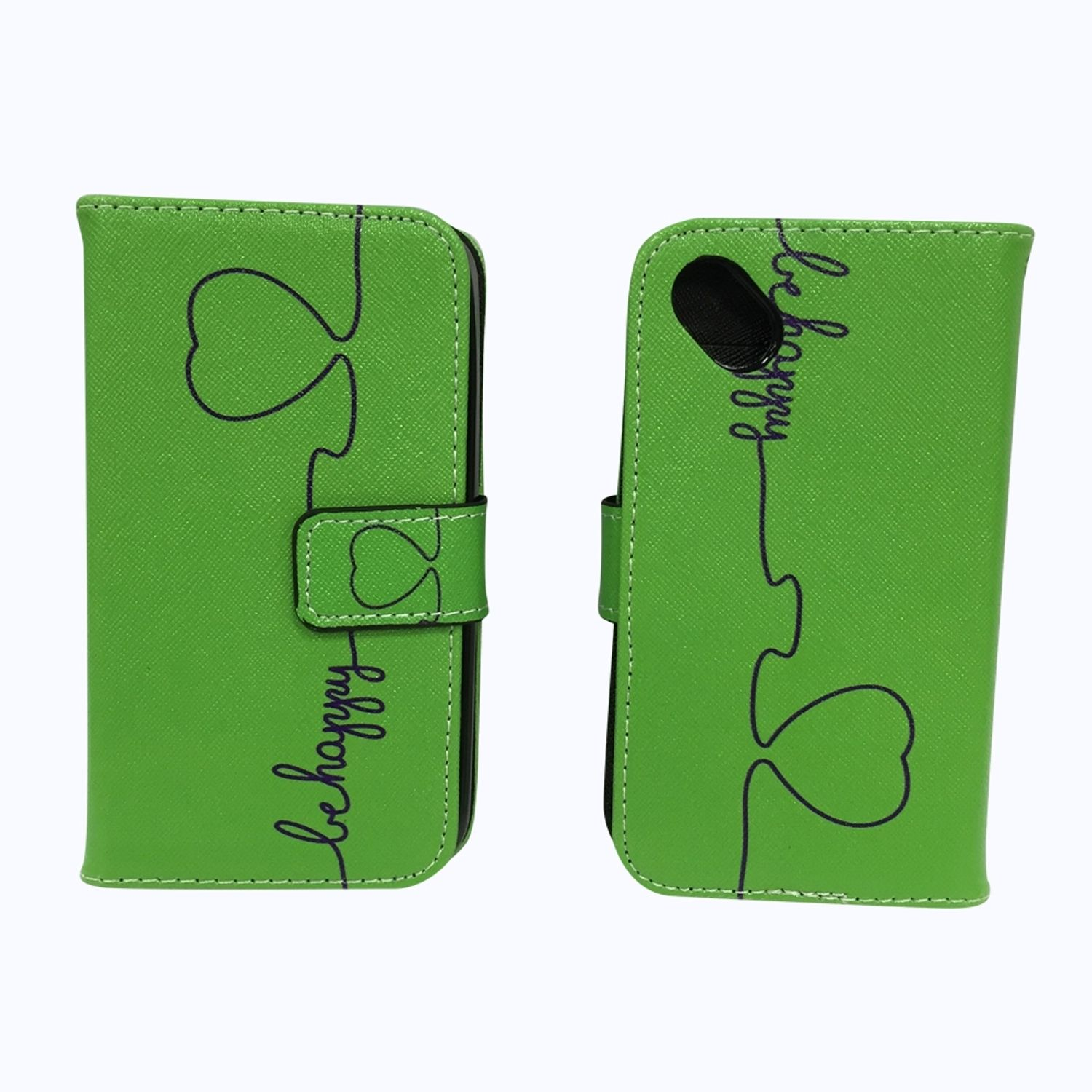 Grüne Handyhülle, geöffnet und geschlossen, mit dem Text 'be happy' und einer Herzumrandung.