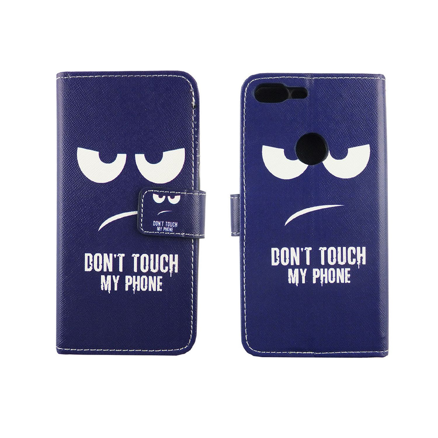 Blaue Handyhülle mit wütenden Augen und dem Text: DON'T TOUCH MY PHONE. Hülle offen, Telefon versteckt.