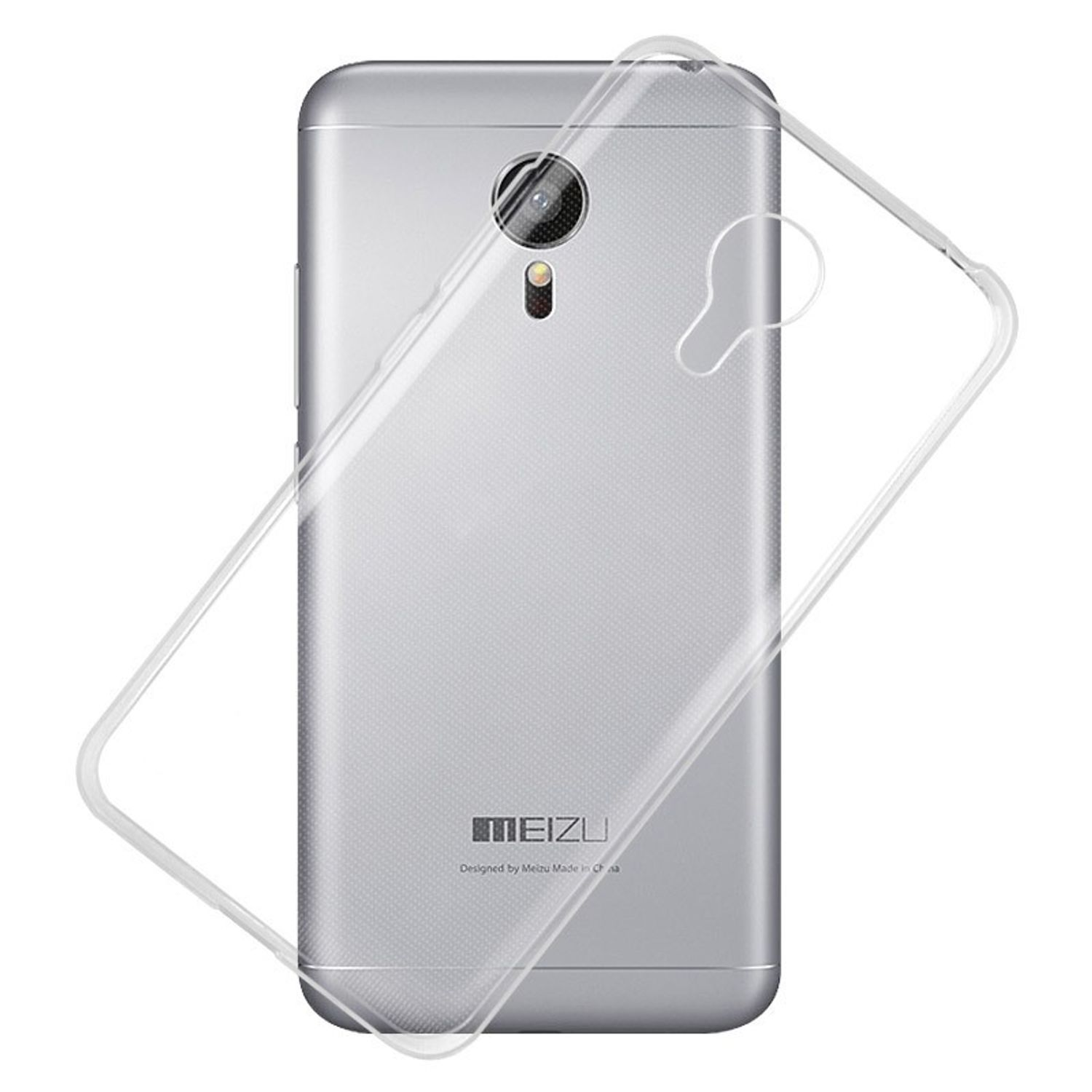 Transparente Handyhülle über einem silbernen Telefon. Hülle hat Aussparungen.