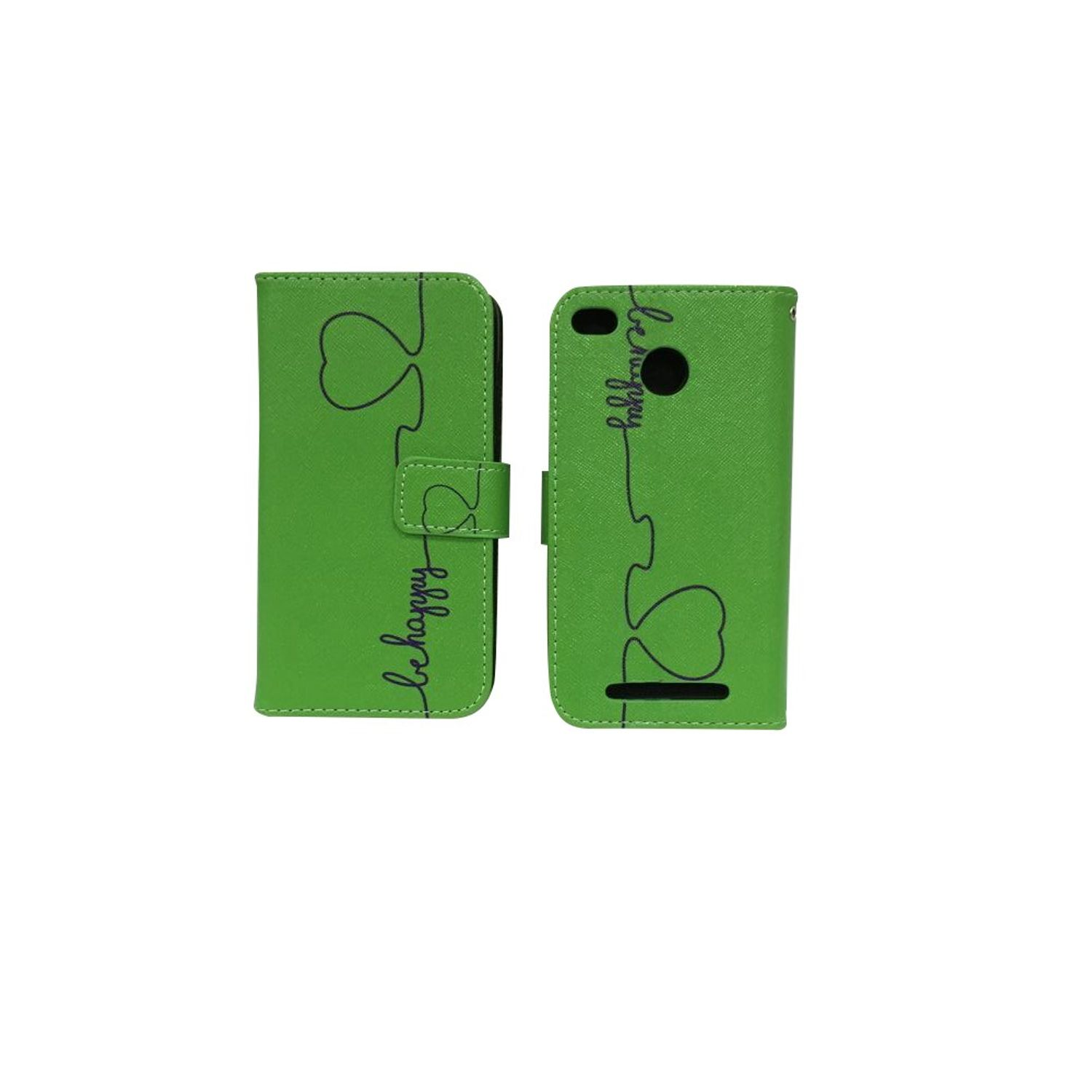 Grüne Handyhülle mit Design und dem Schriftzug "be happy", offen. Weißer Hintergrund.
