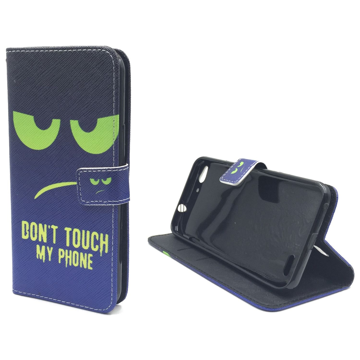 Geöffnete Handyhülle mit Text 'DON'T TOUCH MY PHONE.' Die Hülle ist blau mit grünem Auge.