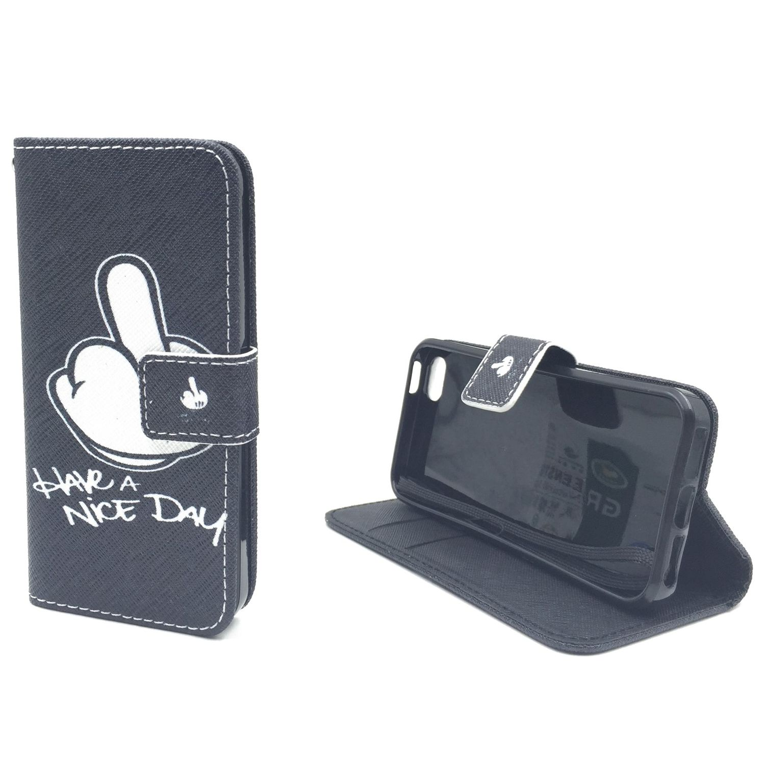 Schwarze Handyhülle, offen. Mittelfinger-Grafik und "Have a nice day" Text.