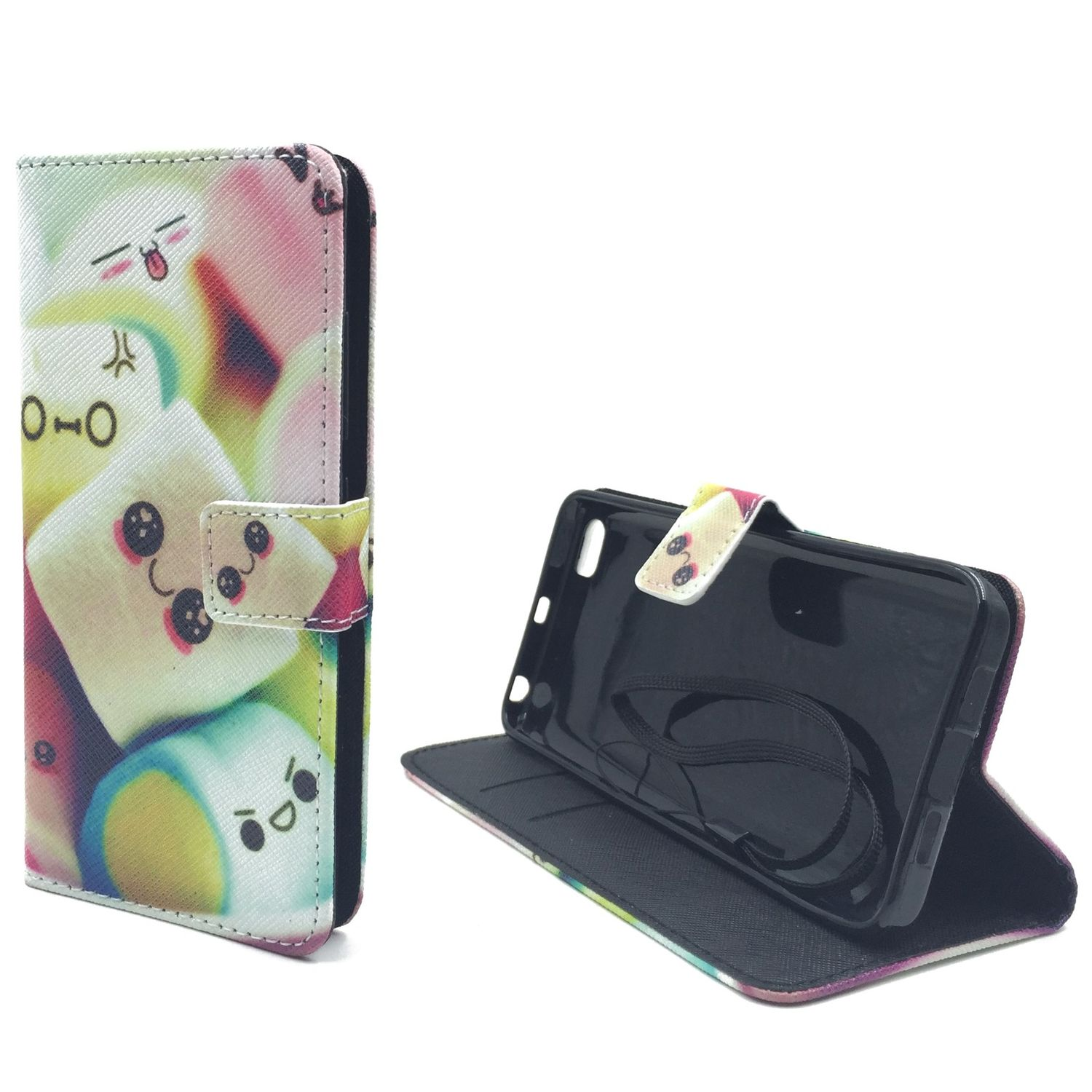 Geöffnete Handyhülle, Telefon wird angezeigt. Hülle hat Marshmallows mit Gesichtern. Weißer Hintergrund.