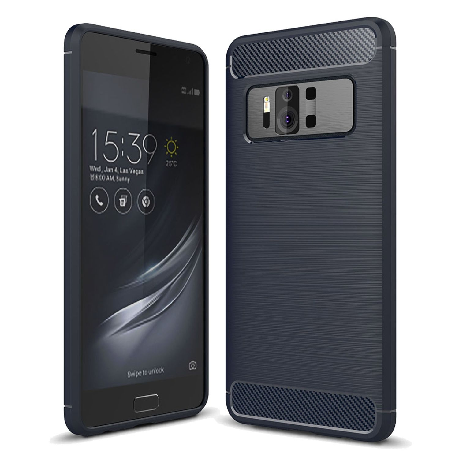 Schwarzes Telefon mit dunkelblauer Hülle. Das Telefon zeigt Uhrzeit und App-Icons. Die Hülle hat Textur.