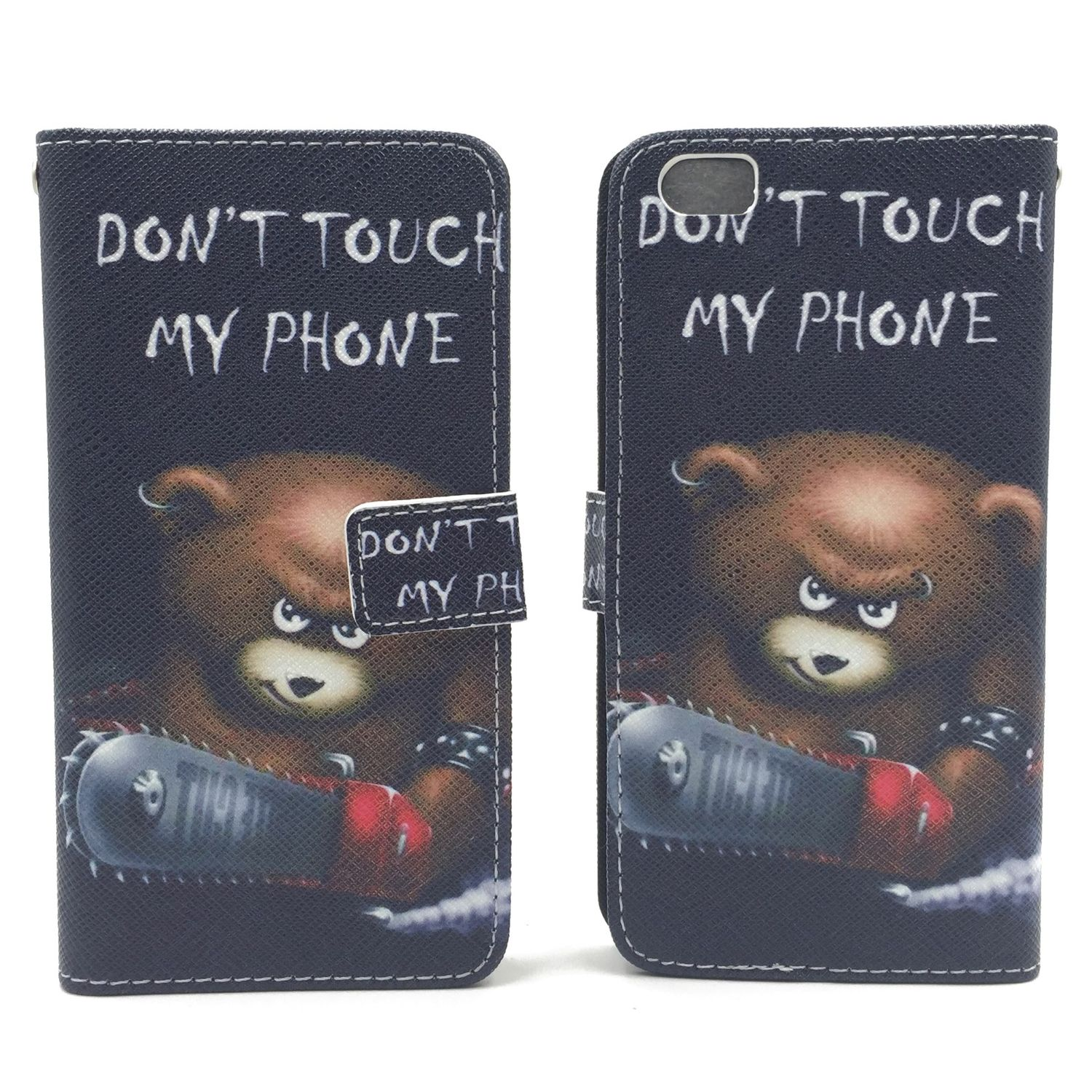 Handyhülle mit wütendem Bär mit Kettensäge und Text 'DON'T TOUCH MY PHONE'.