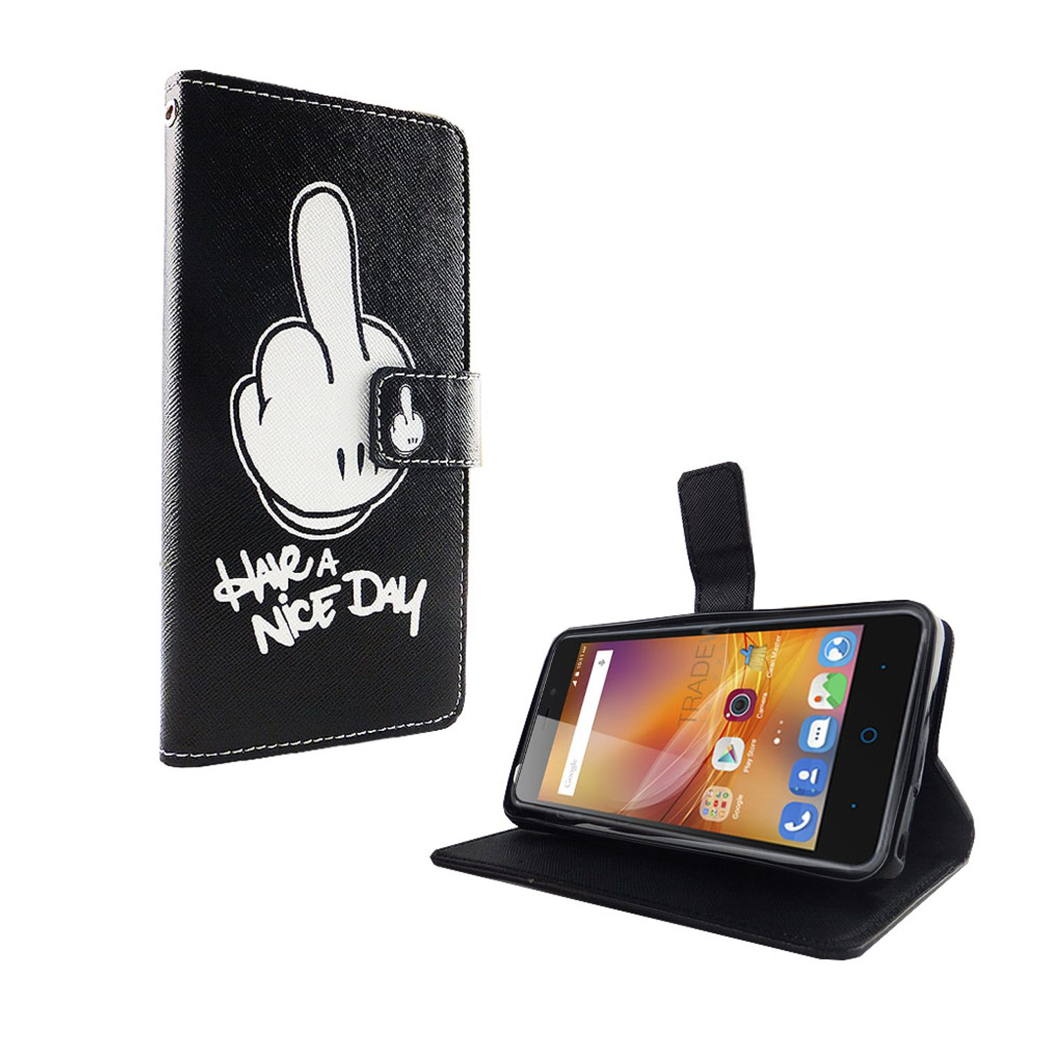 Schwarze Handyhülle mit Mittelfinger-Grafik und Text 'HAVE A NICE DAY' und Telefon.