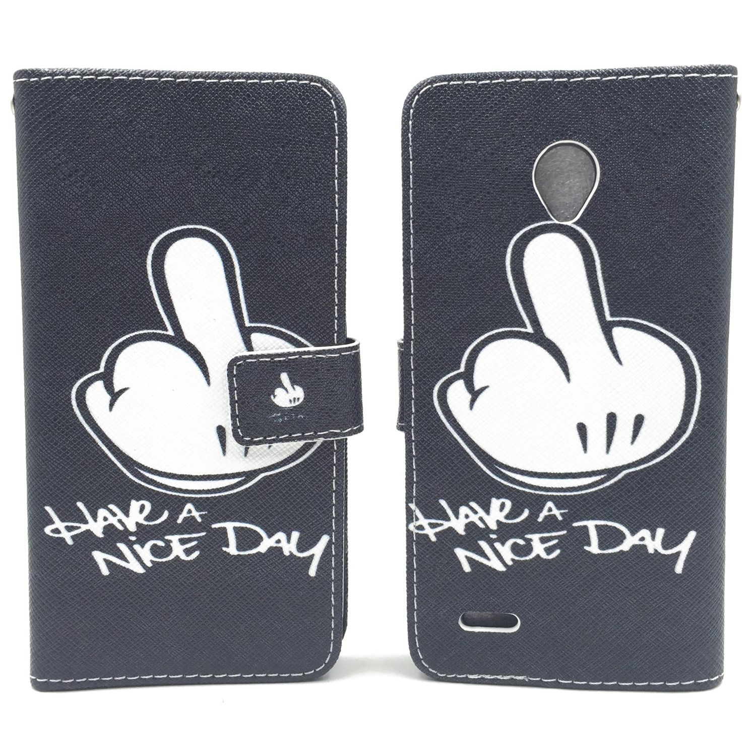 Eine schwarze Handyhülle mit einem erhobenen Mittelfinger und den Worten „HAVE A NICE DAY“.