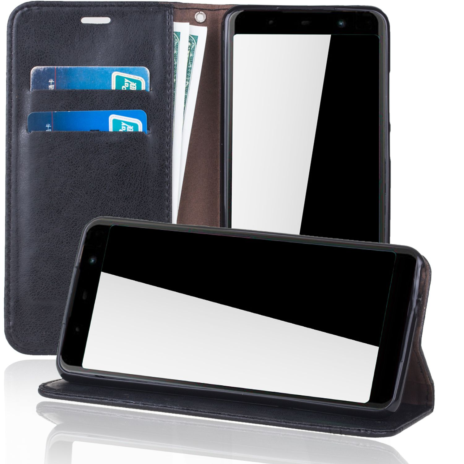 Schwarze Handyhülle mit Telefon und Karten. Das Telefon hat einen Displayschutz.