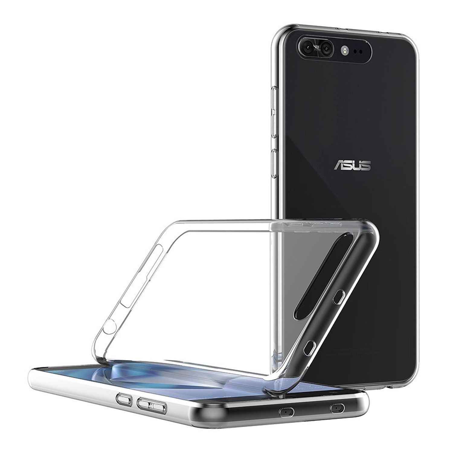 Transparente Handyhülle und ein Telefon. Eine transparente Hülle links, Telefon rechts.
