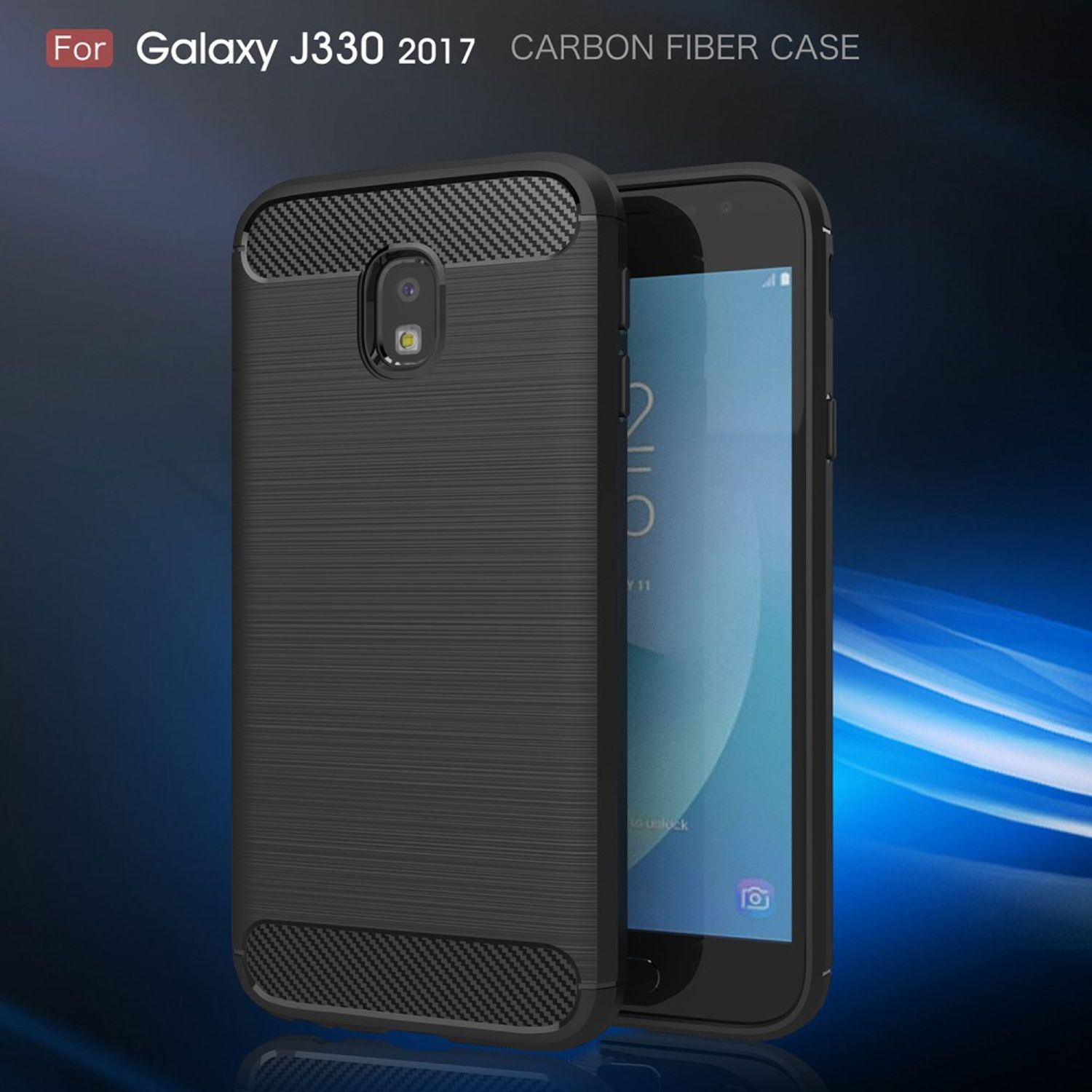 Schwarze Handyhülle mit strukturierter Oberfläche und einem Telefon darin. Der Text lautet 'Carbonfaser-Hülle'.