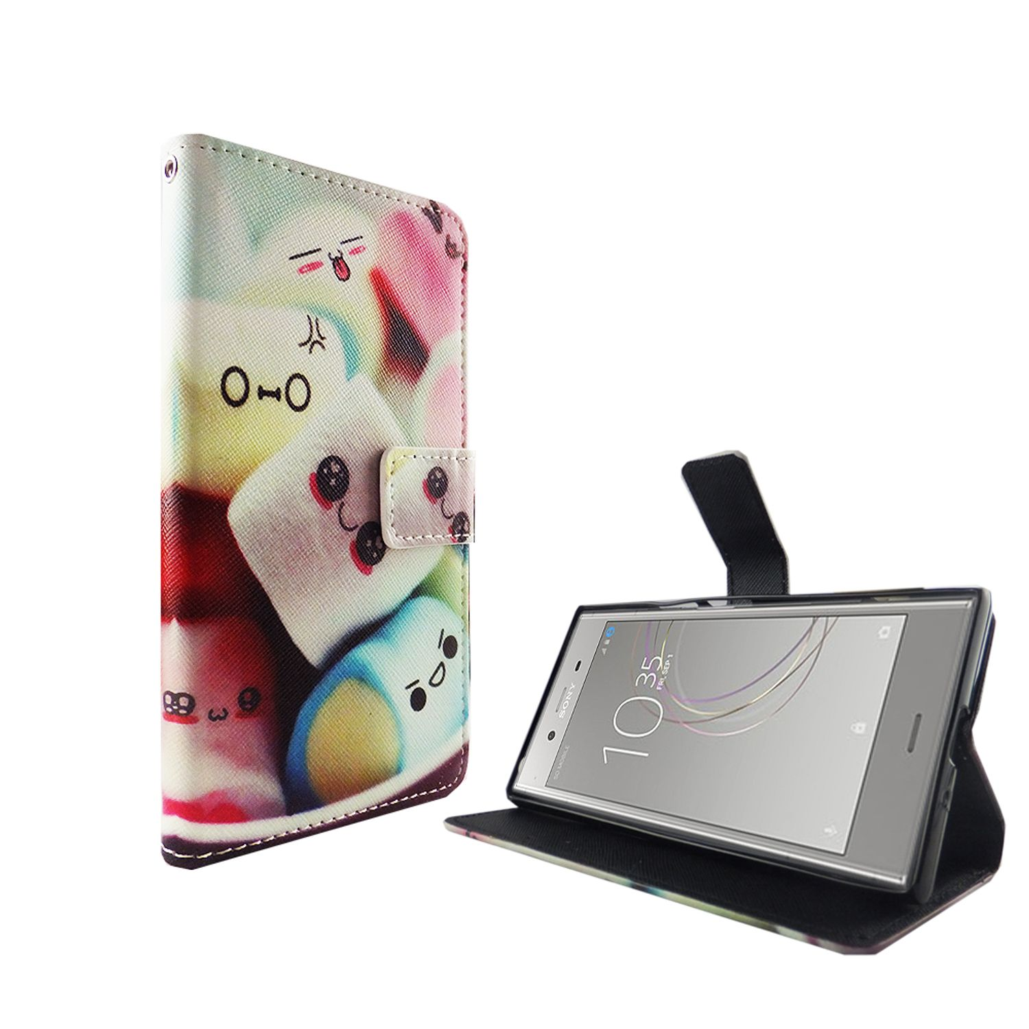 Handyhülle mit Marshmallow-Design, Telefon im Inneren. Weißer Hintergrund.