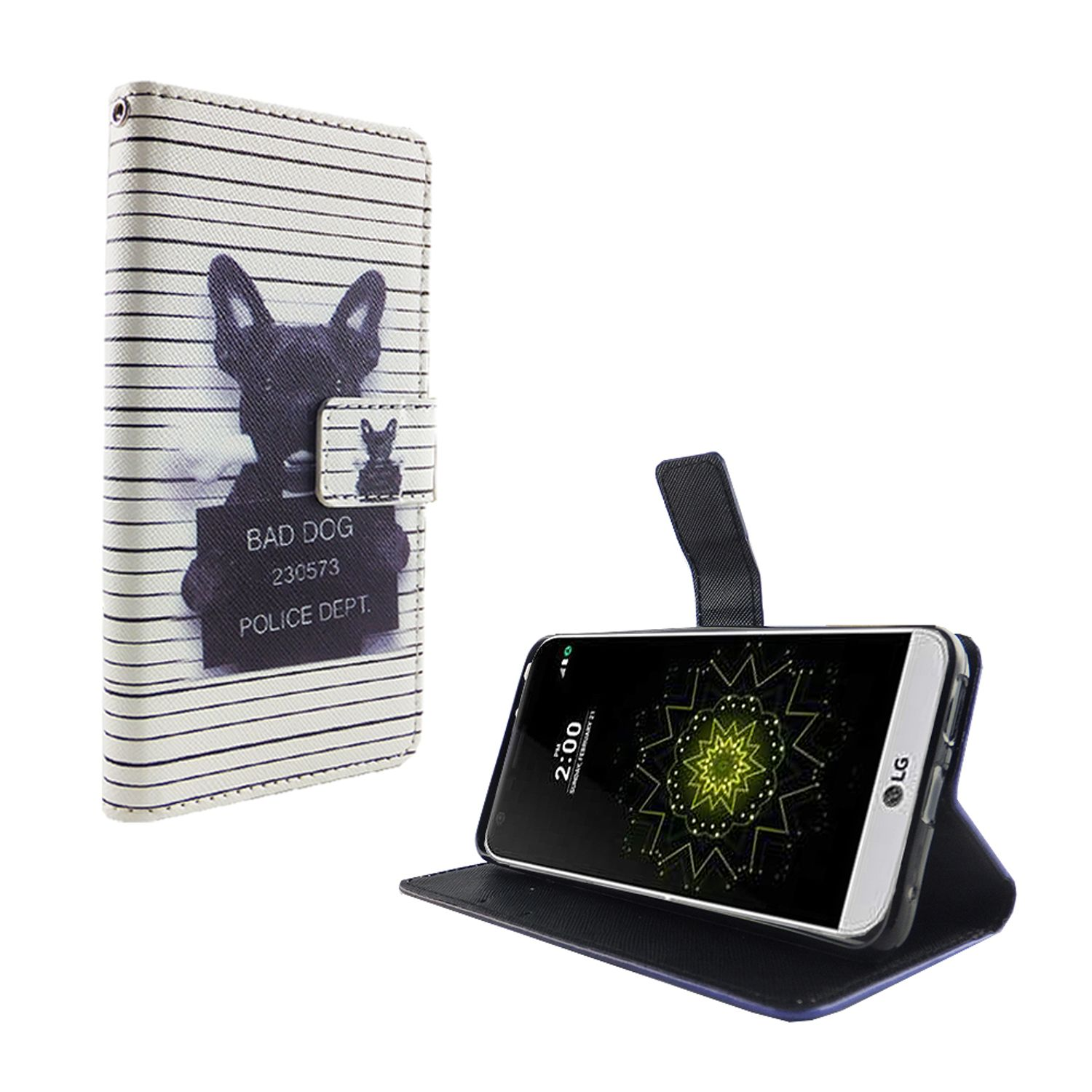 Handyhülle mit Hundefoto. Das Telefon ist in Gebrauch und zeigt einen Bildschirm.