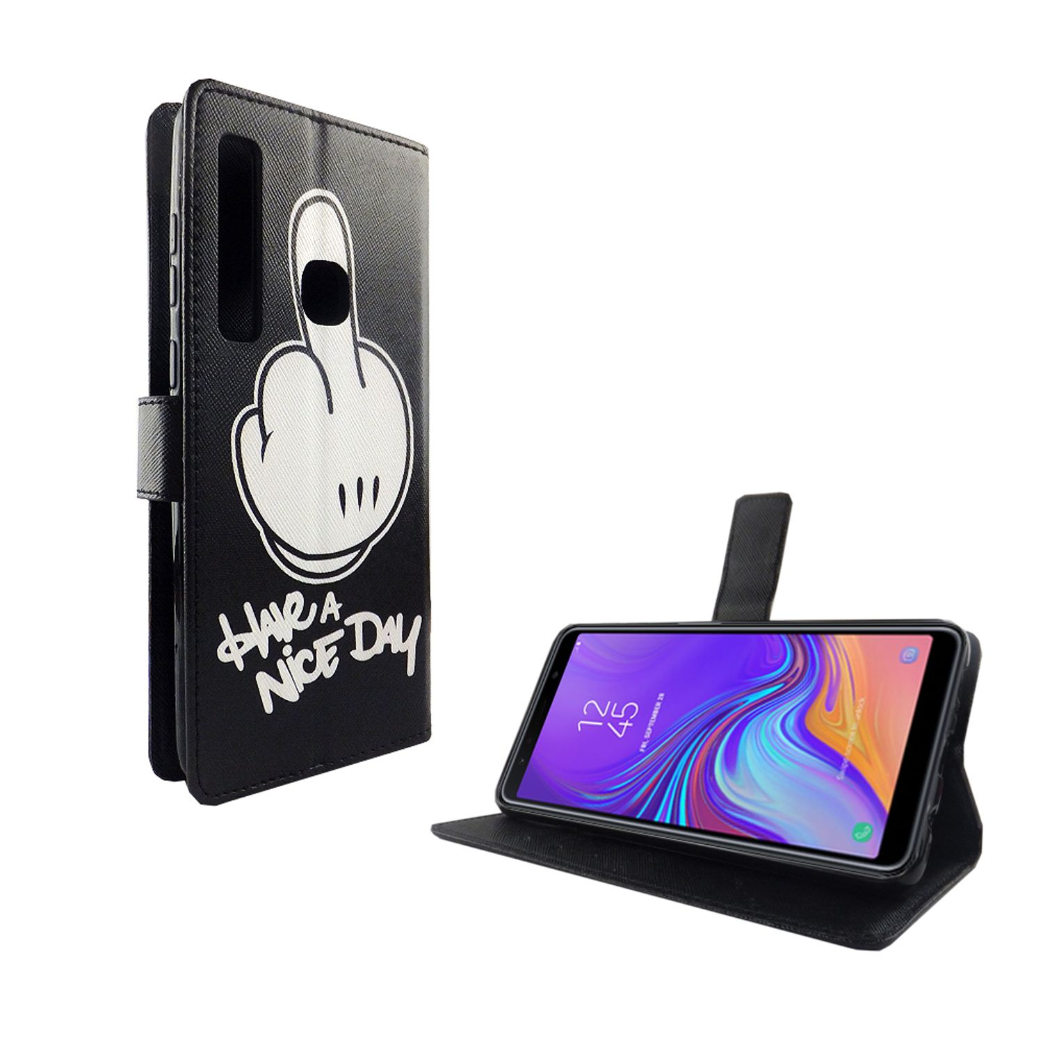 Schwarze Handyhülle mit Mittelfinger-Design und "Have a nice day" Text. Das Telefon ist offen drin.